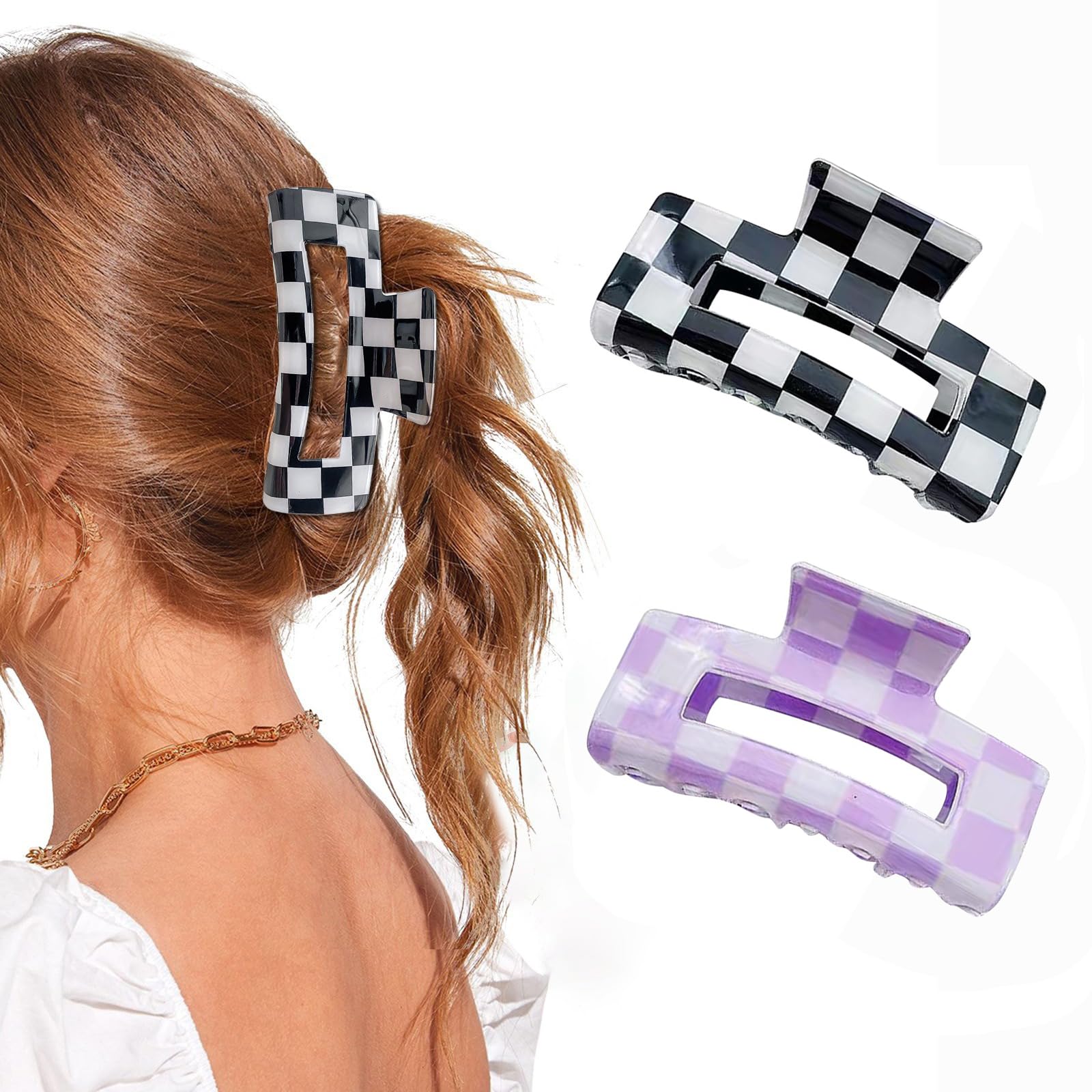 Paderison 2Pcs Checkered Rectangle Multicolored Claw Barrettes - Strong Hold Y2K Hair Accessories for Thin and Thick Hair (Purpl