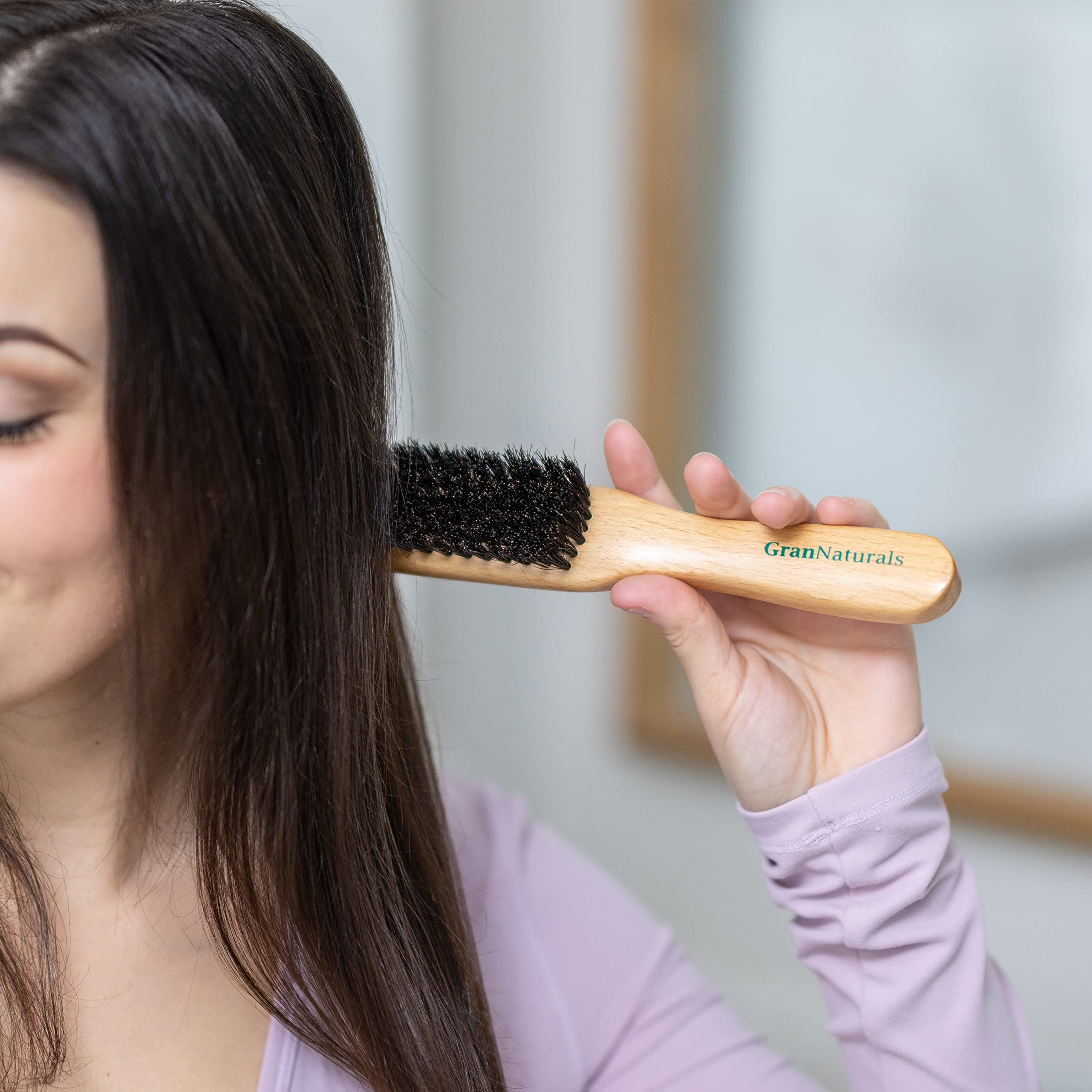 GranNaturals Boar Bristle Slick Back Hair Brush - Soft/Medium Smoothing Hairbrush to Style, Polish, & Lay Hair Down Flat to Crea