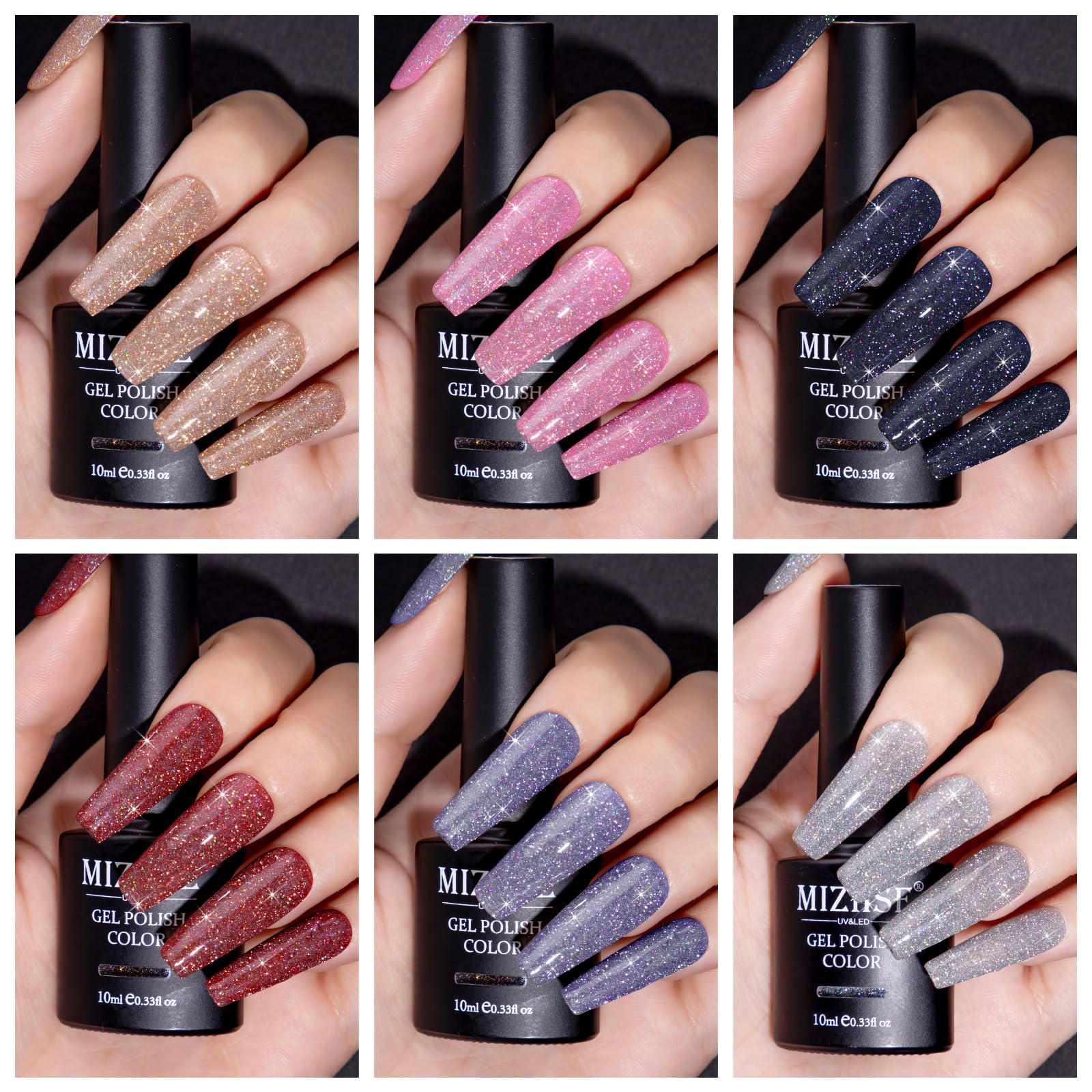 MIZHSE Reflective Glitter Gel Nail Polish, Holographic Glitter Gel Polish Set Sparkly Shiny Bling Nail Gel Soak Off UV/LED Gel N