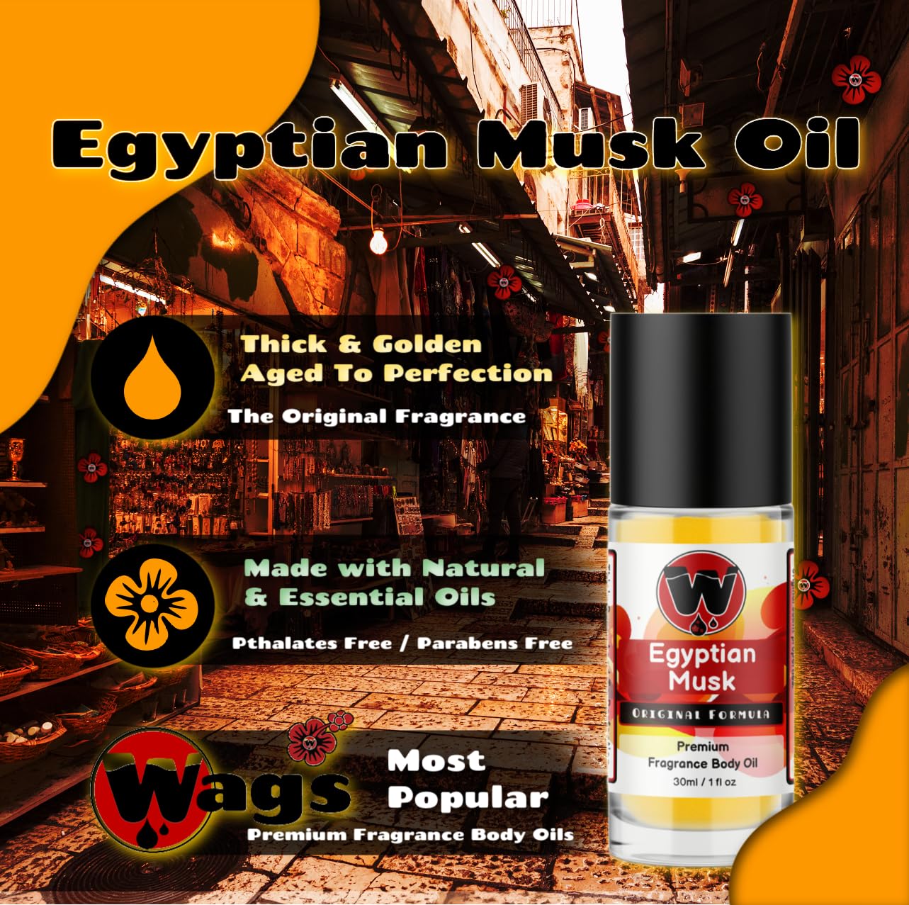 Wagsmarket Egyptian Musk Oil, Choose From Roll On To 0.33Oz - 4Oz Glass Bottle, (1Oz Roll On)