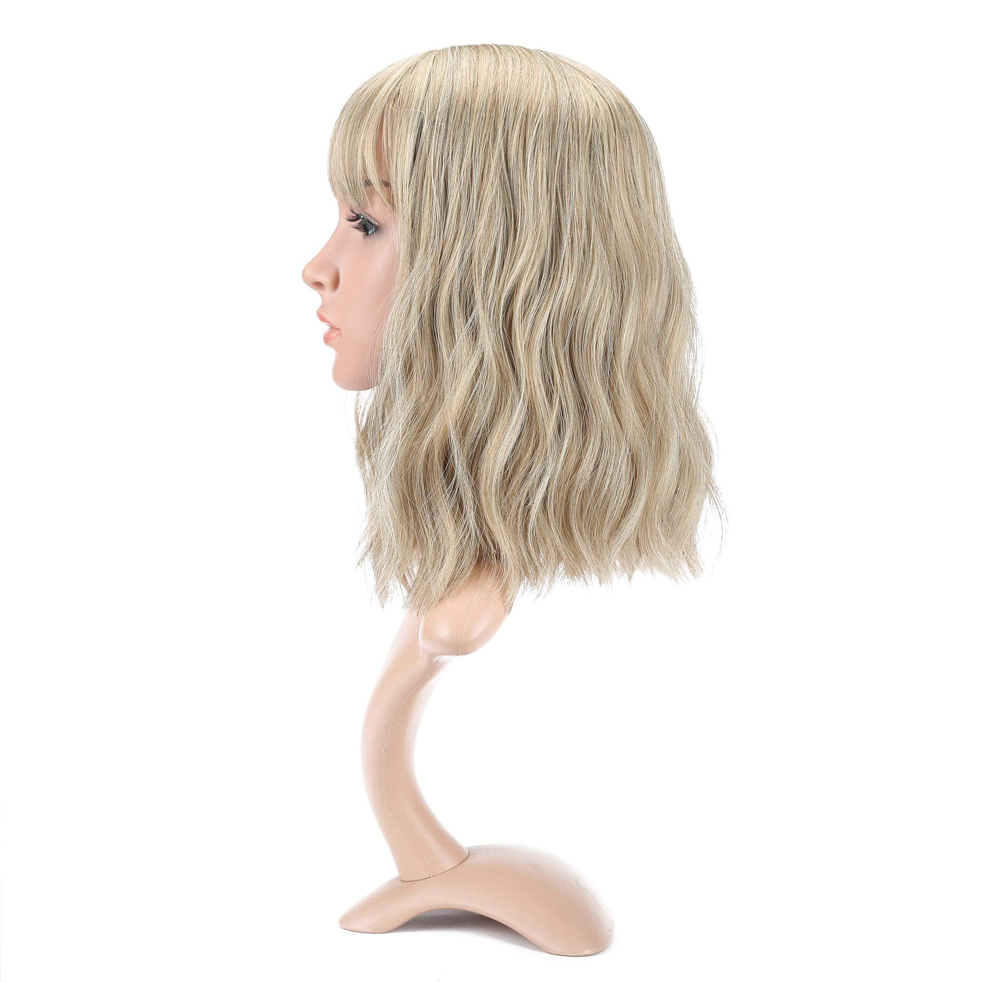 Vckovcko Natural Blonde Wigs With Air Bangs For Women Women'S Shoulder Length Wigs Curly Wavy Synthetic Blonde Wig With Bang Wig