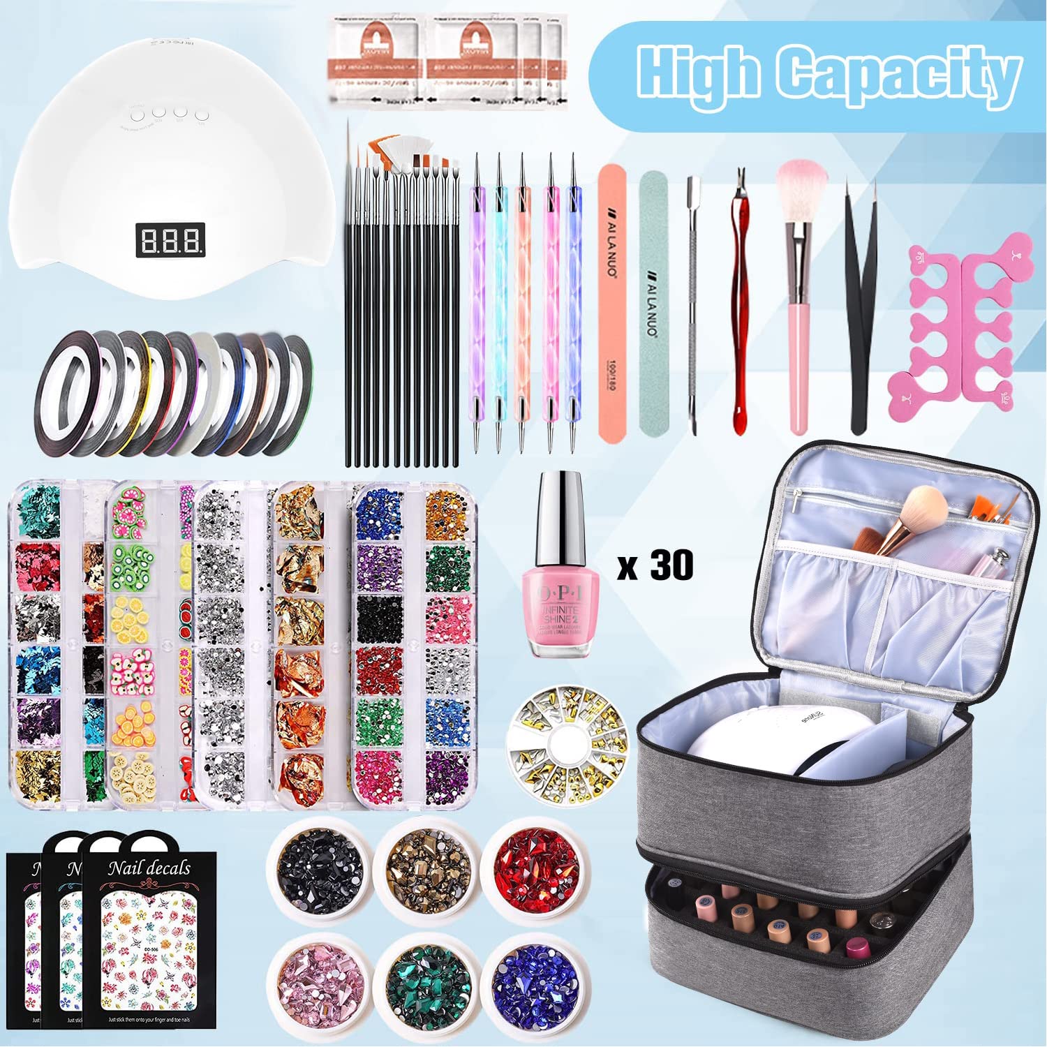 Nail Polish Organizer Holds 30 Bottles (15Ml) And 1 Nail Light Nail Polish Carrying Case With Storage Pockets For Manicure Tools