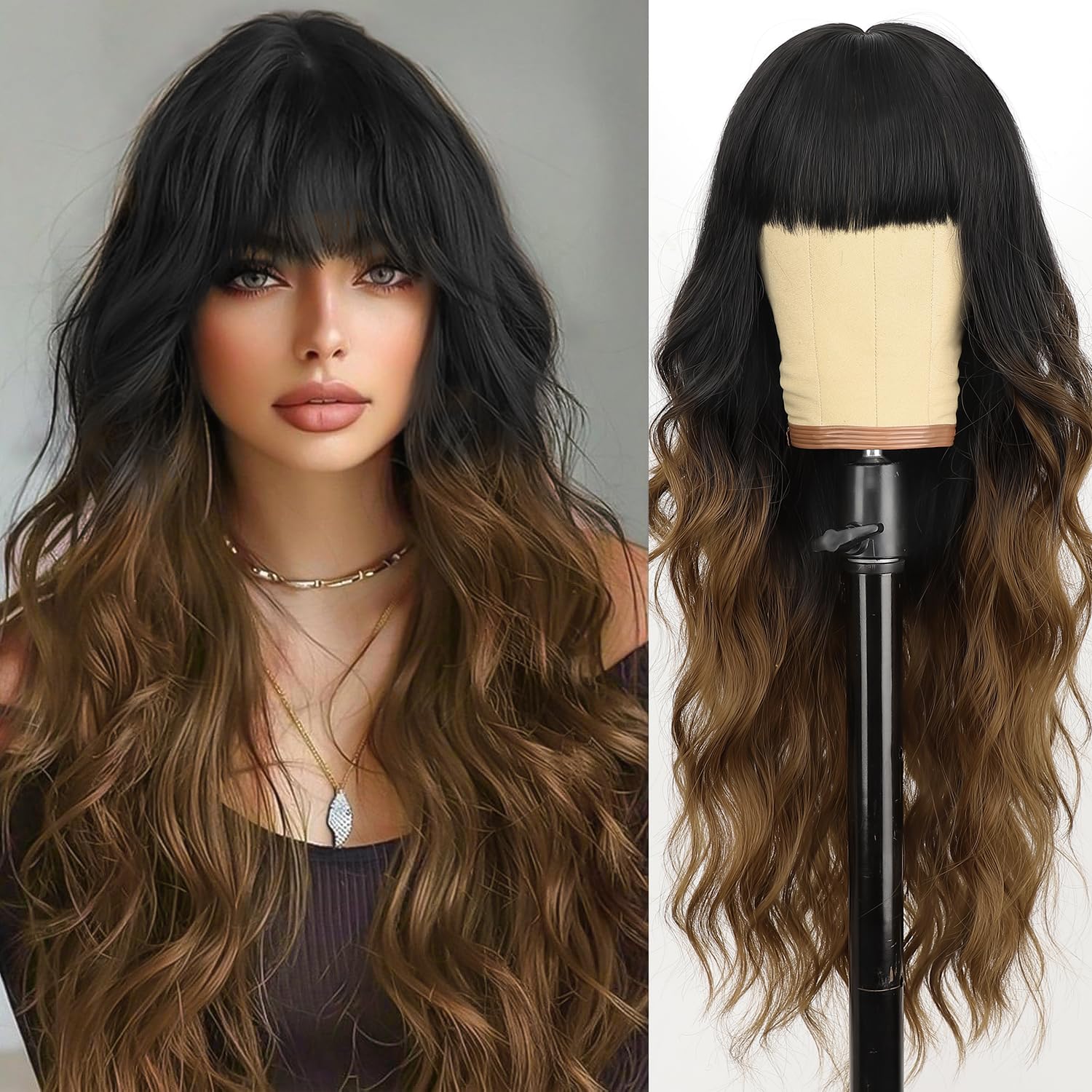 AISI HAIR Black To Brown Wig with Bangs Long Wavy Synthetic Wig for Women with Daily Party Use
