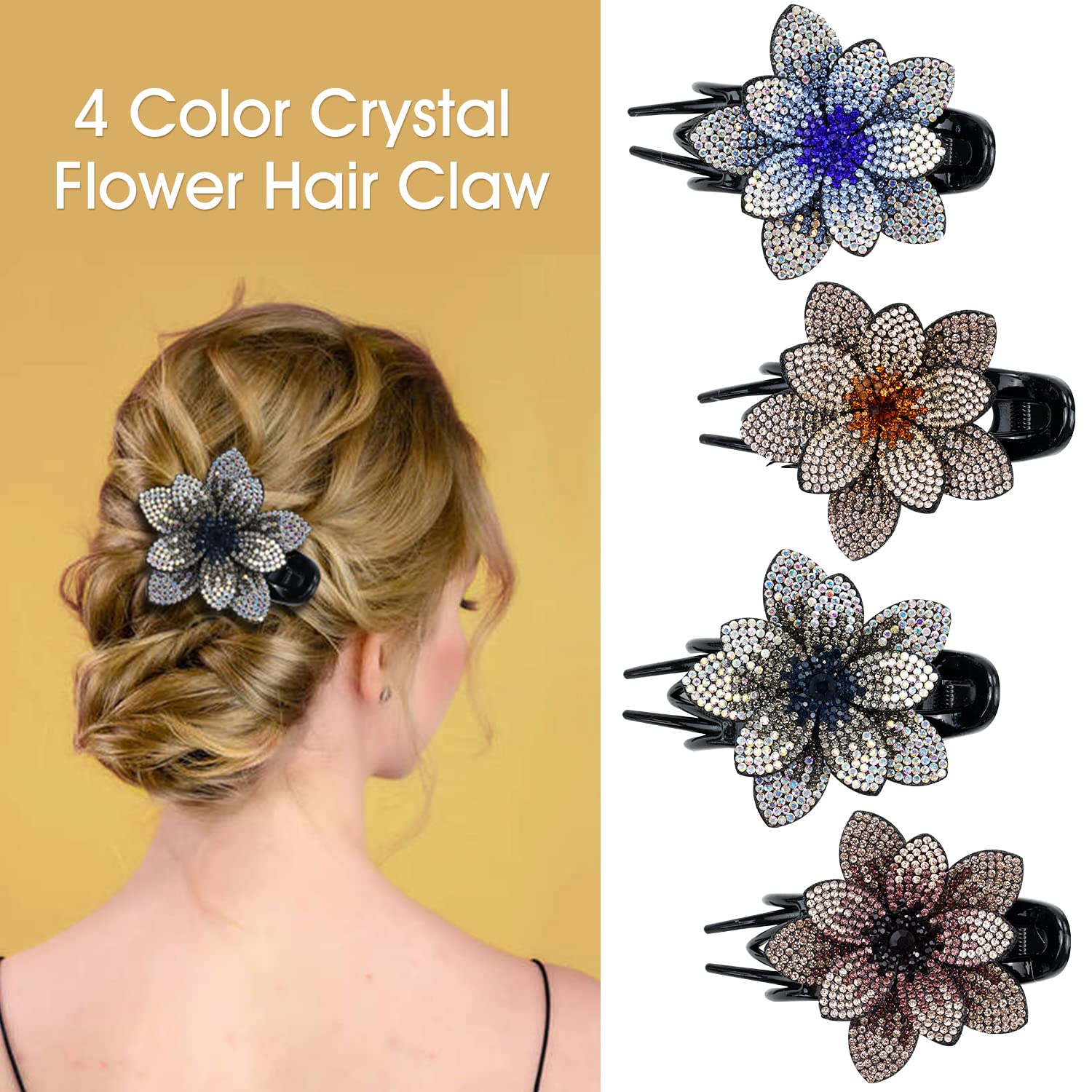 Insowni 4 Pack Luxury Fancy Decorative Glitter Sparkly Crystals Rhinestones Big Flower Hair Claws Clips Barrettes Hairpins Clamp