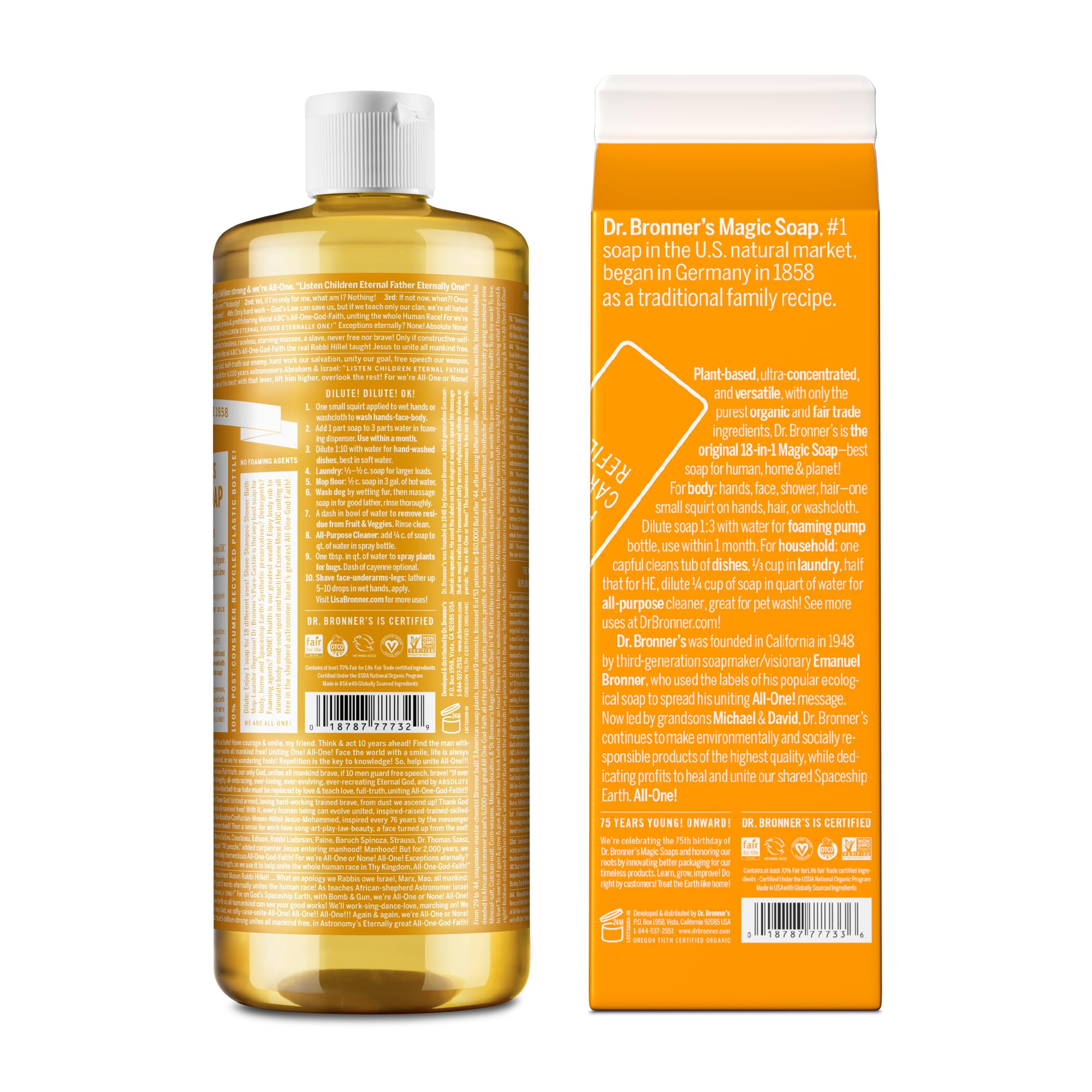Dr. Bronner 'S - Pure-Castile Liquid Soap Bottle & Refill Carton Made With 82% Less Plastic (Citrus, 32 Oz) - Face, Body, Hair,