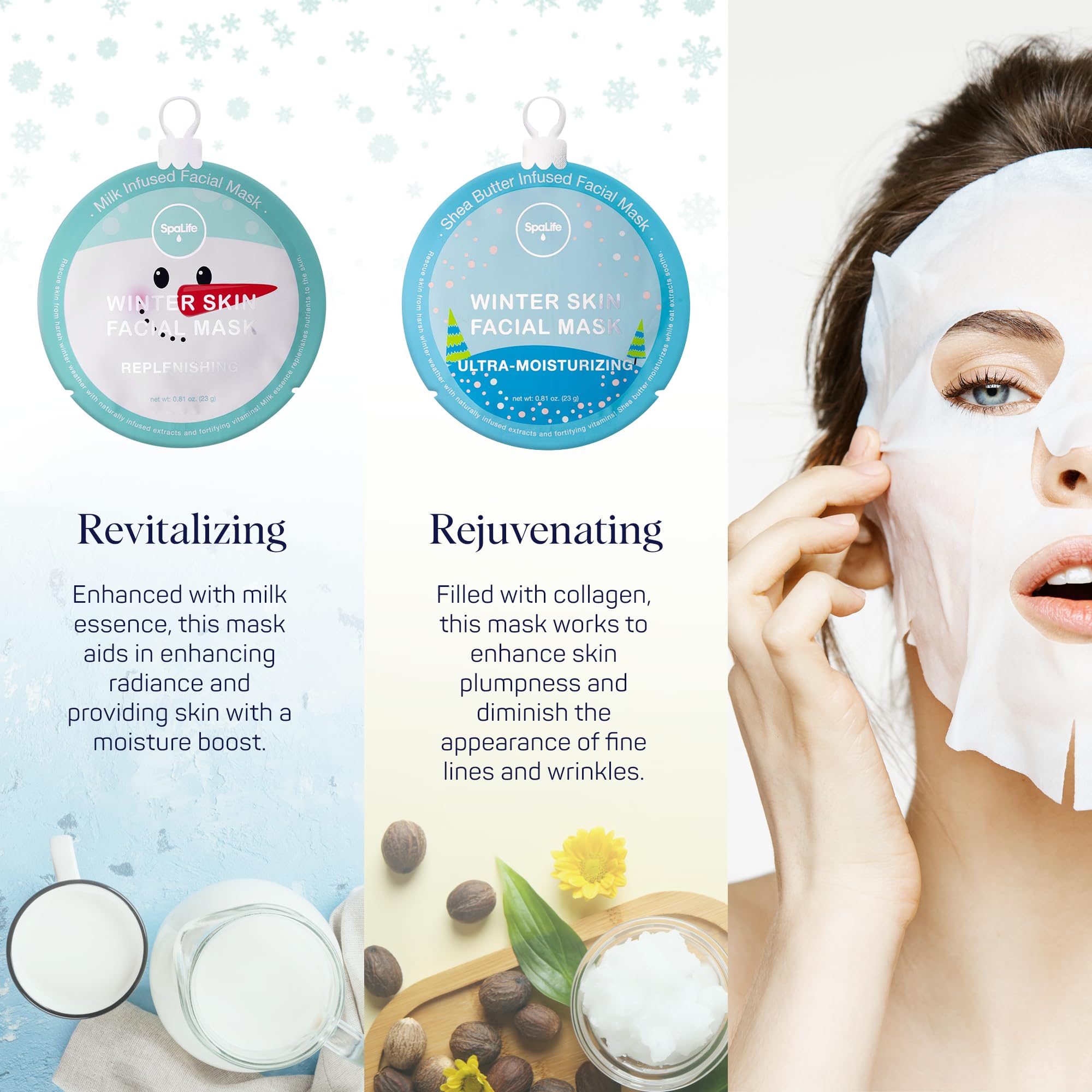 Spalife Winter Skin Facial Mask 12-Count Set - Infused With 4 Skin-Loving Ingredients - Moisturizing And Hydrating Sheet Masks -