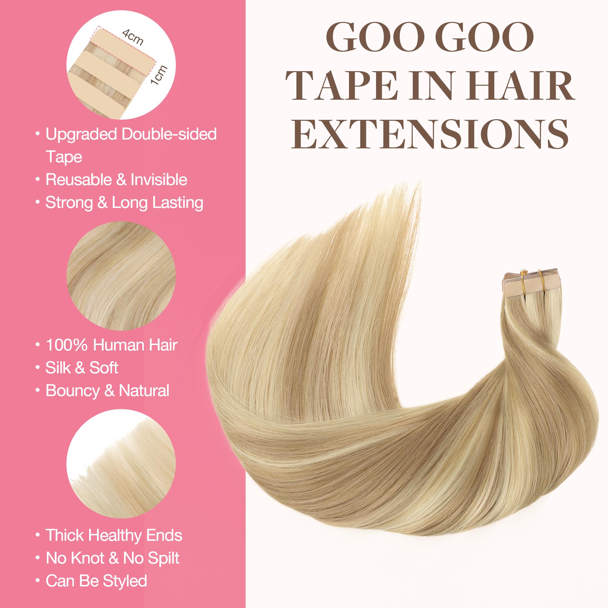 Goo Goo Tape In Hair Extensions Human Hair, 18A/613A Dark Blonde Highlighted Bleach Blonde, 18Inch 25G 10Pcs, Thick Ends Straigh