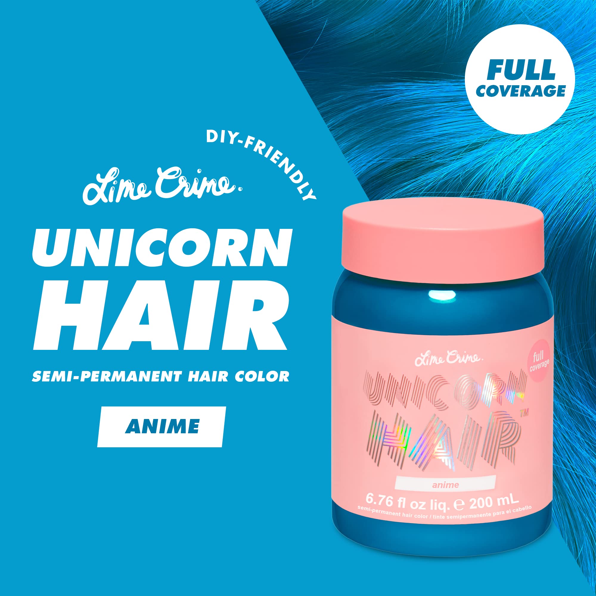 Lime Crime Unicorn Hair Dye Full Coverage, Anime (Candy Blue) - Vegan and Cruelty Free Semi-Permanent Hair Color Conditions & Mo