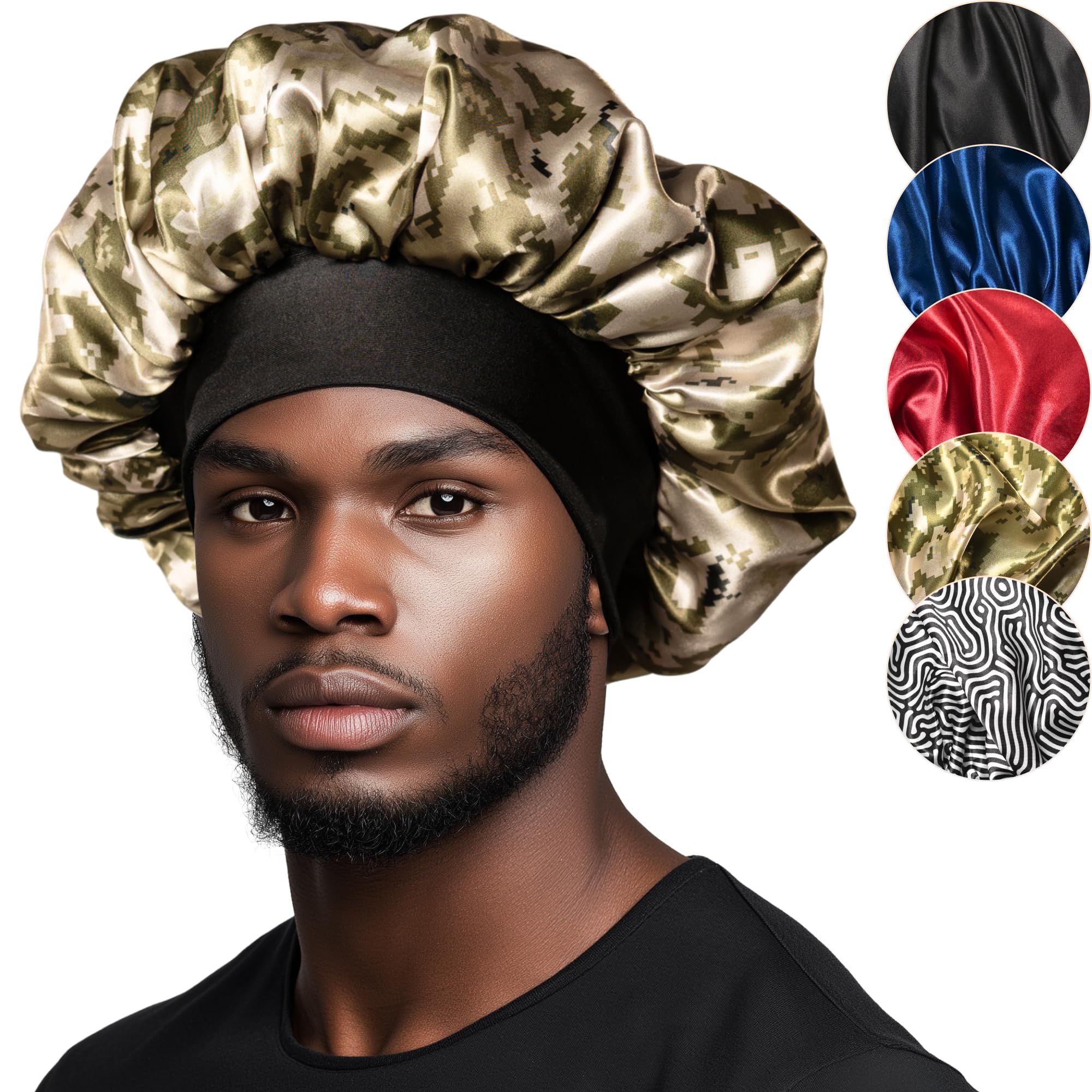 Niagara Satin Bonnet Men - Khaki Bonnet for Sleeping Men - Reversible Night Cap - Mens Bonnet for Curly Hair - Large Bonnet with
