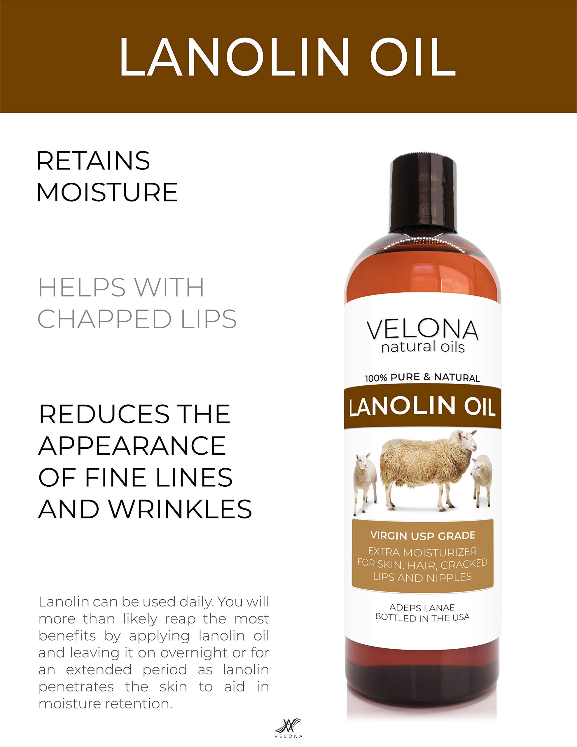 velona Lanolin Oil USP Grade 16 oz | 100% Pure and Natural Carrier Oil | Refined, Cold pressed | Skin, Hair, Body & Face Moistur
