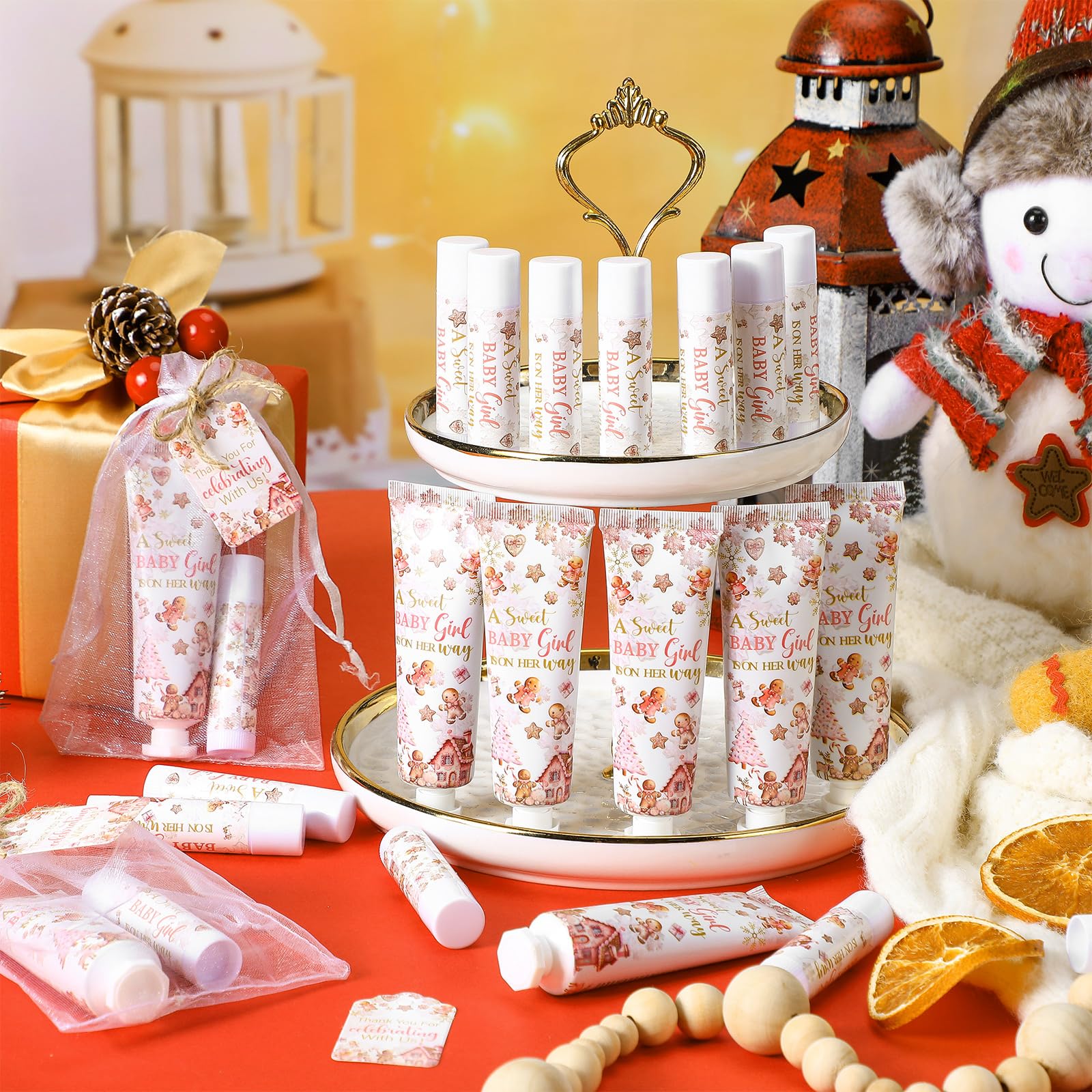 Dansib 24 Sets Christmas Gingerbread Baby Shower Hand Cream and Lip Balm Gift Christmas Baby Shower Party Favors Travel Size Han
