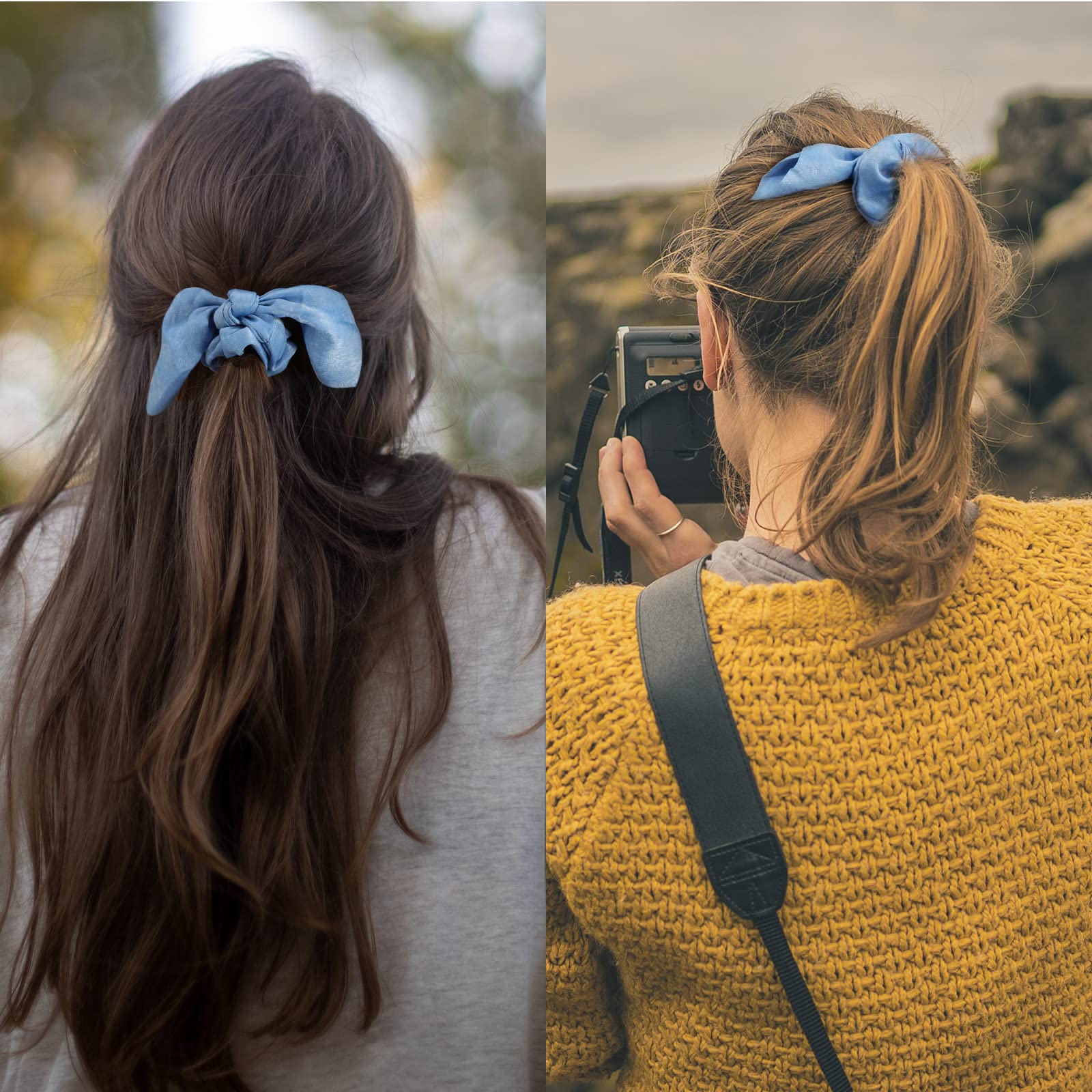 Ondder Hair Scrunchies - 15 Pcs Cute Bow Ribbon Elastic Hair Ties And Ponytail Holders In Blue For Women And Girls