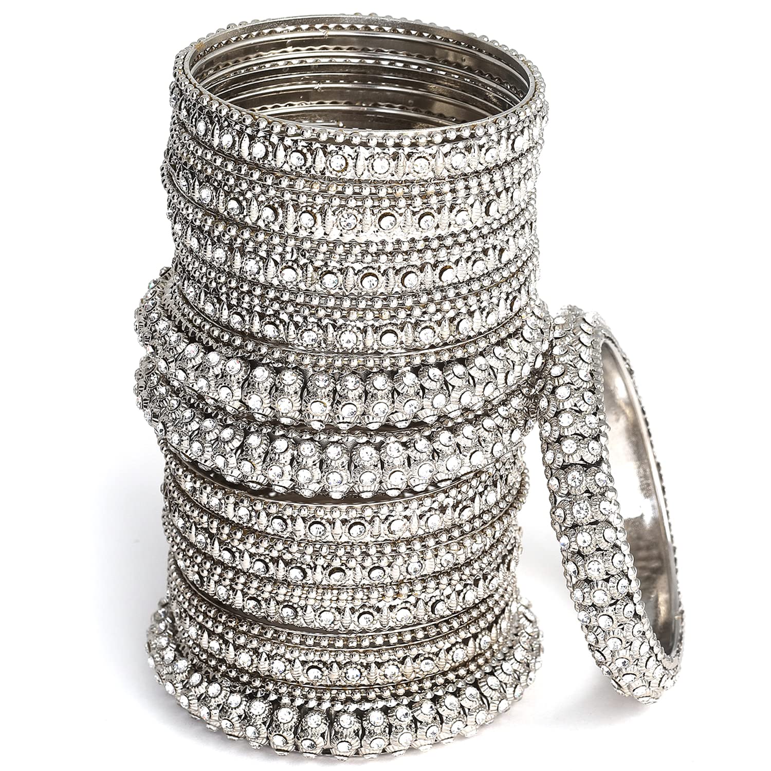 ZENEME Fashion Jewellery Traditional Silver Plated Oxidized Bracelet Bangles Set for Girls and Women (Silver, 2.4)