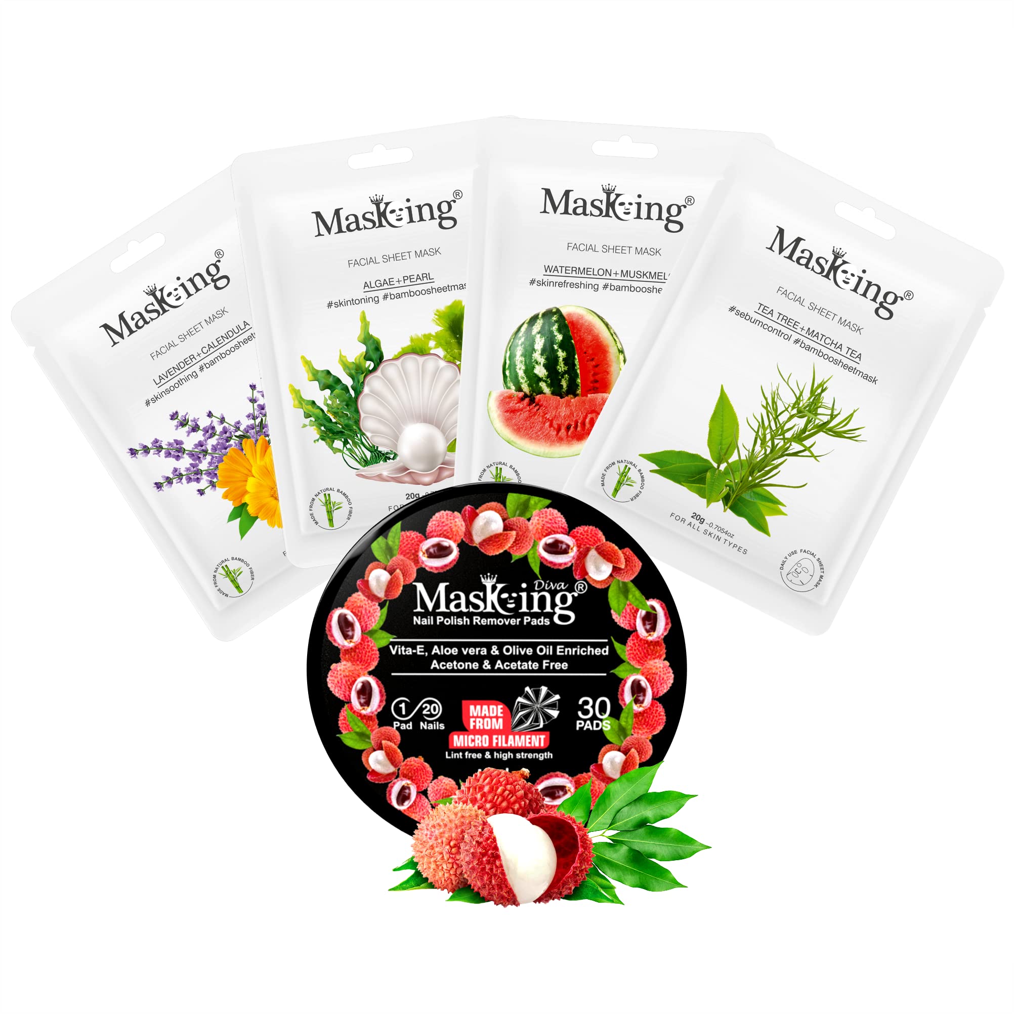 Masking Bamboo Facial Sheet Mask For Lavender, Algae, Watermelon & Tea Tree Ideal For Women & Men (Combo Pack Of 4) | Diva Litch