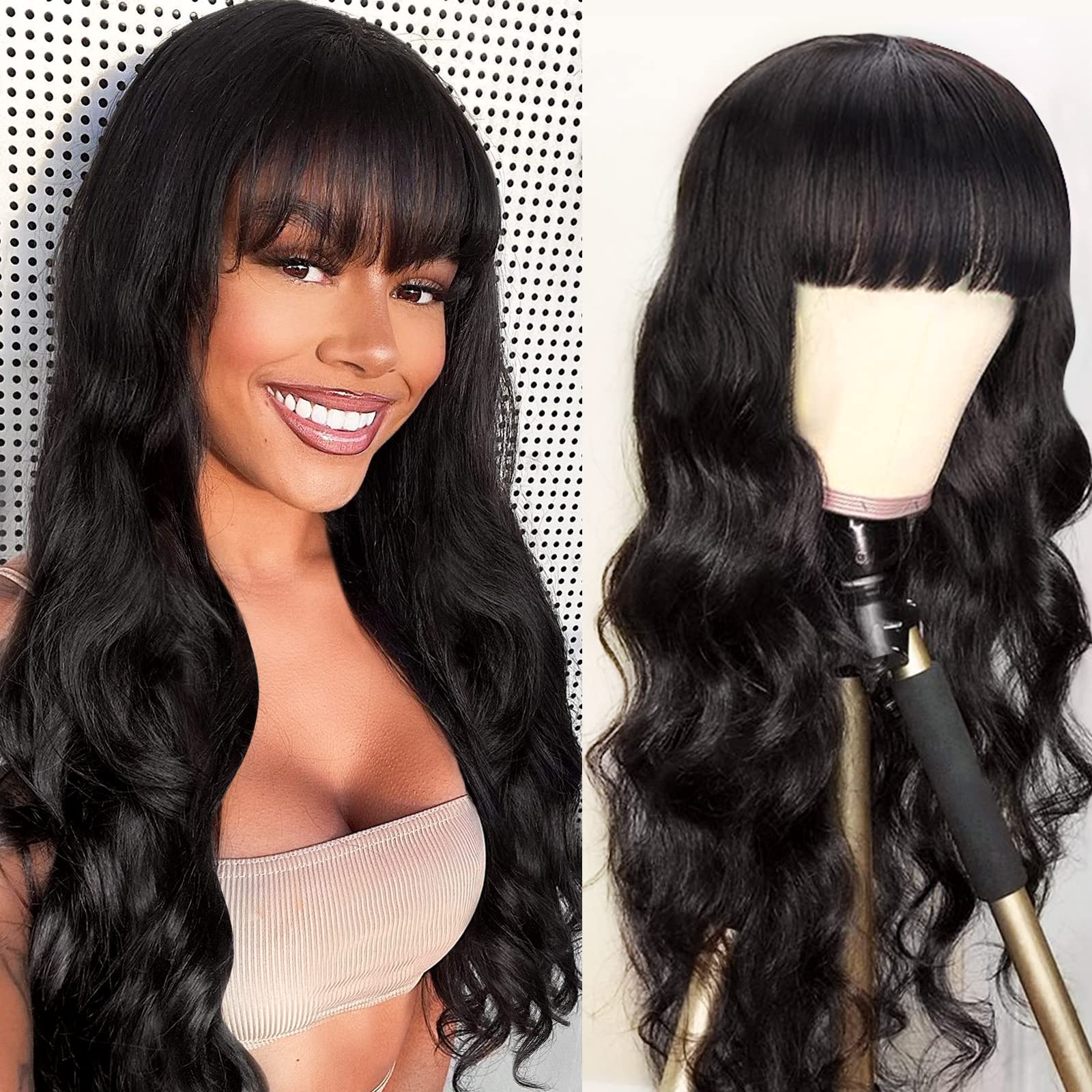 Human Hair Wigs with Bangs Body Wave Bang Wigs for Black Women Human Hair 150% Density Brazilian Glueless None Lace Front Wig Hu