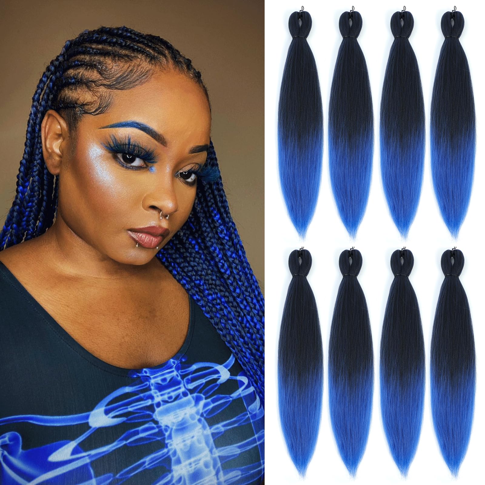 Rosdina Pre-Stretched Braiding Hair - 26 Inch 8 Packs Ombre Blue Long Braiding Hair For Twist Or Box Braids, Yaki Texture Hot Wa