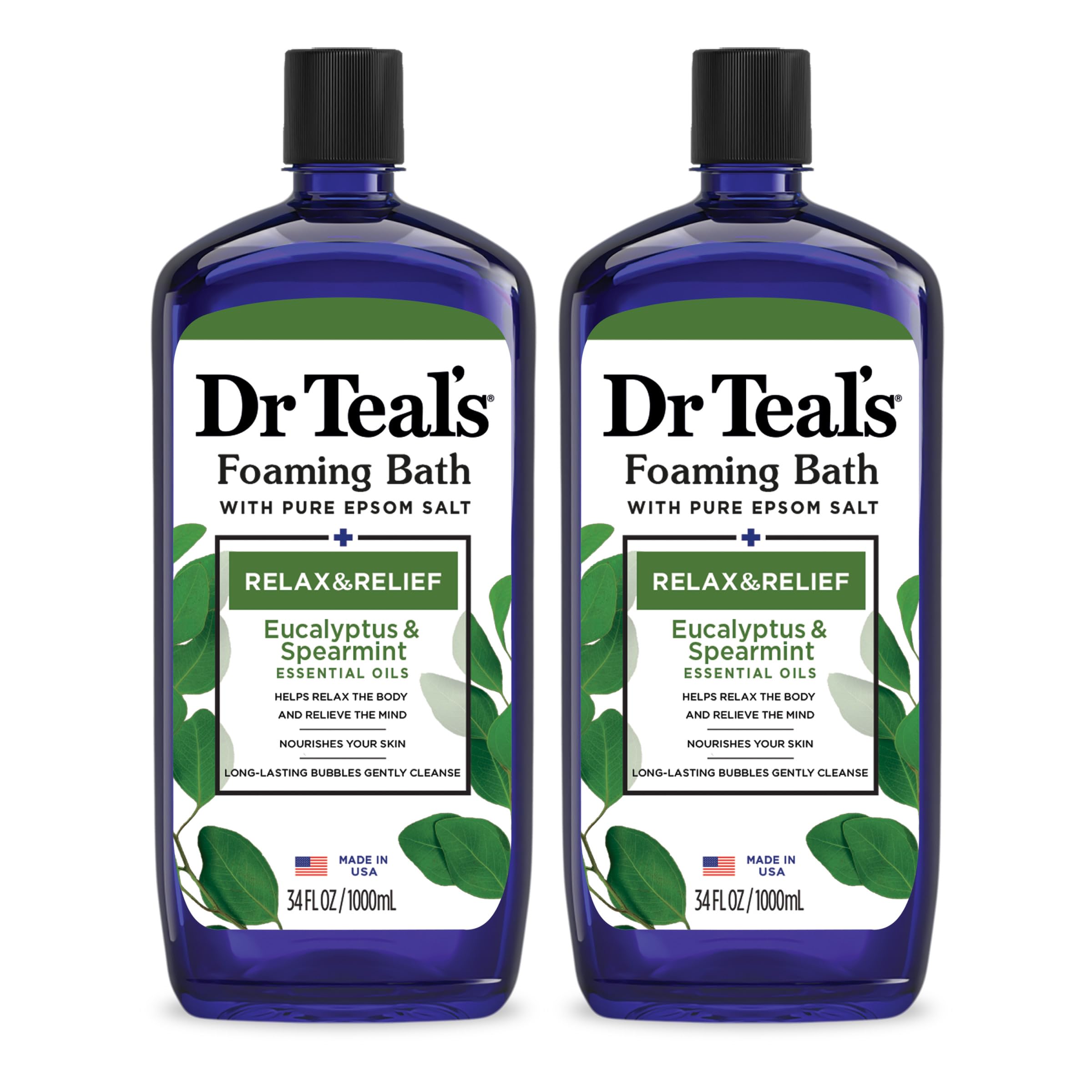 Dr Teal'S Foaming Bath With Pure Epsom Salt, Relax & Relief With Eucalyptus & Spearmint, 34 Fl Oz (Pack Of 2)