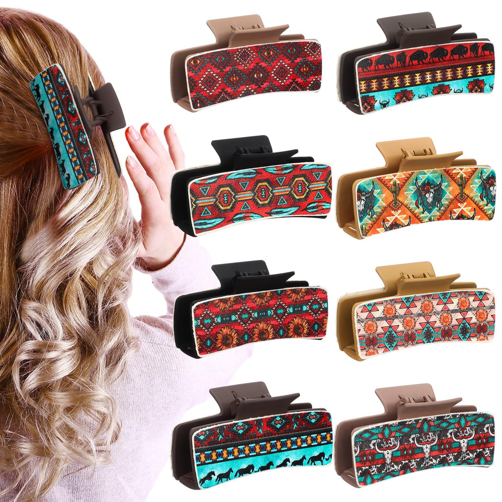 FineCheer 8 Pcs Christmas Western Hair Claw Clips Gifts Leather Highland Cow Print Large Hair Claw Clips Western Hair Accessorie
