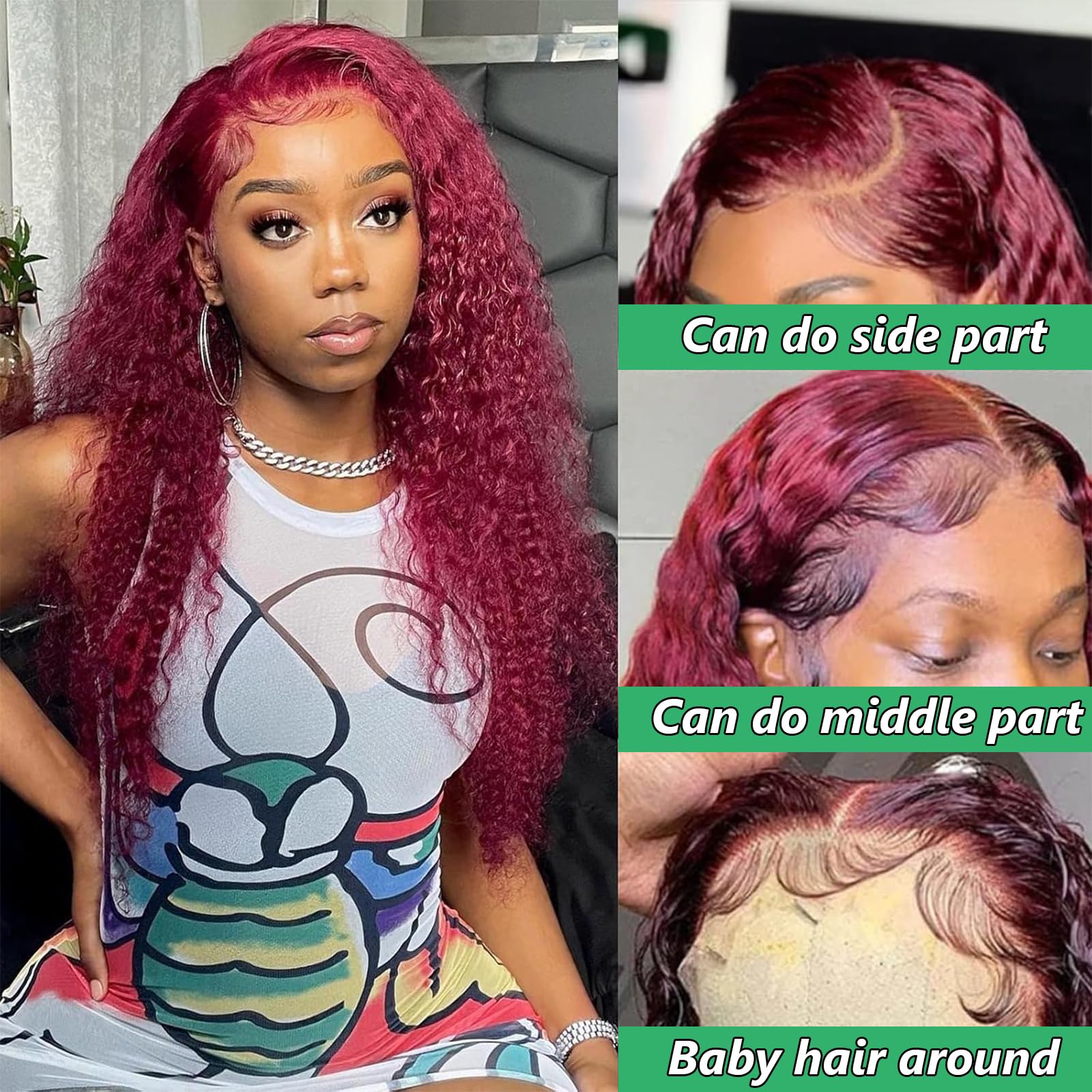 Beautygrace Red Deep Wave Lace Front Wigs Human Hair 180% Density 13X4 99J Burgundy Human Hair Lace Front Wigs For Fashion Black