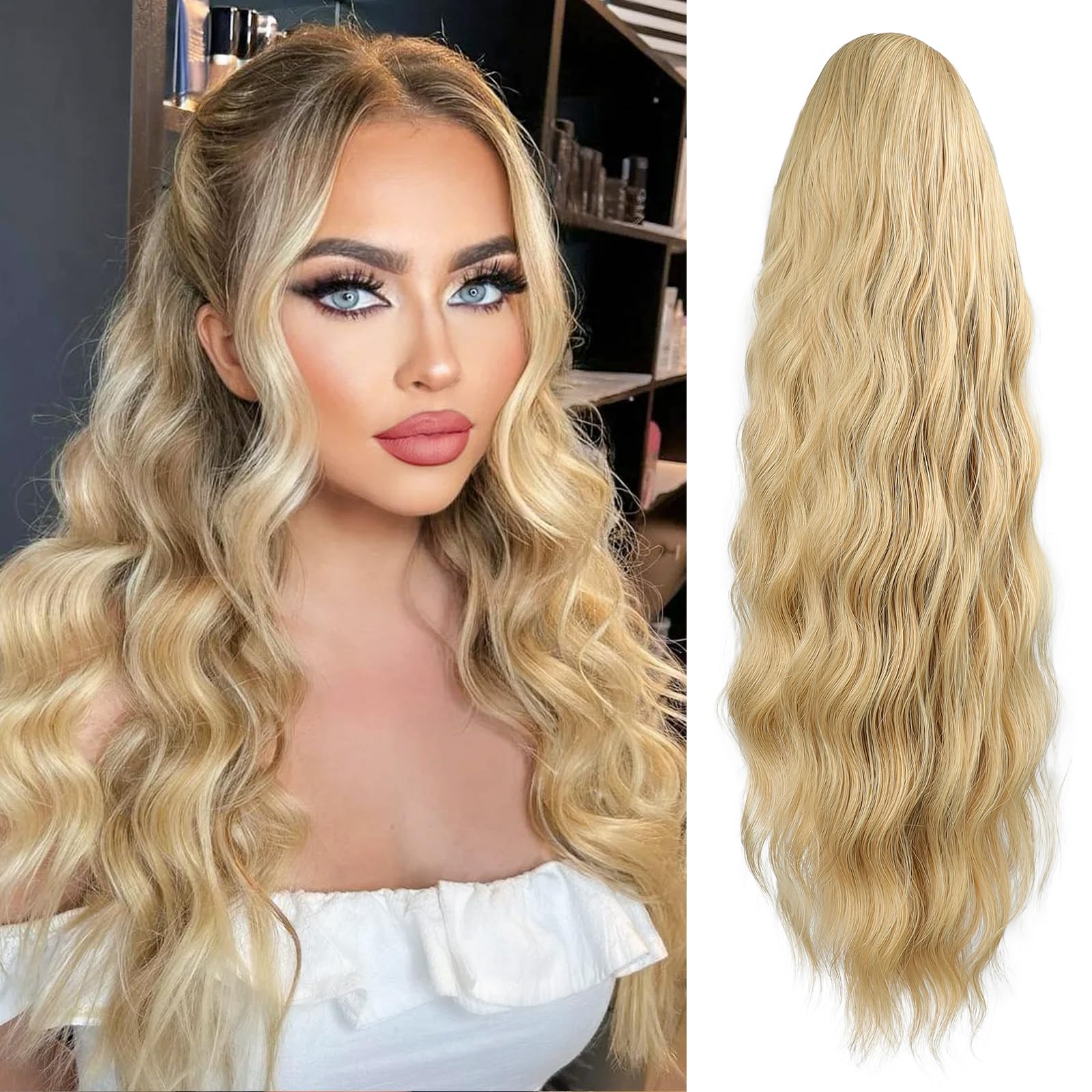 FREEMEIGE Blonde Ponytail Extension Long Wavy Drawstring Ponytail Hair Extension Clip in Ponytail Extension for Women Synthetic 