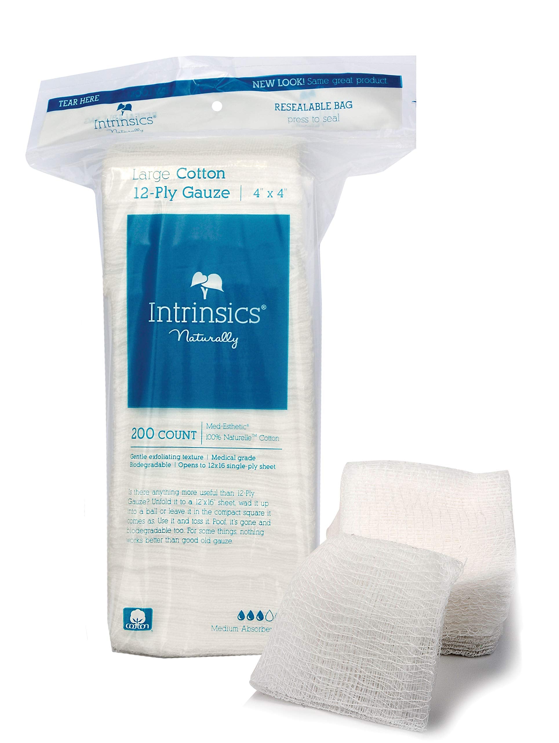 INTRINSICS 401423 Med-Esthetic 100% Cotton Large 12-Ply Gauze 4x 4 - 200 Count