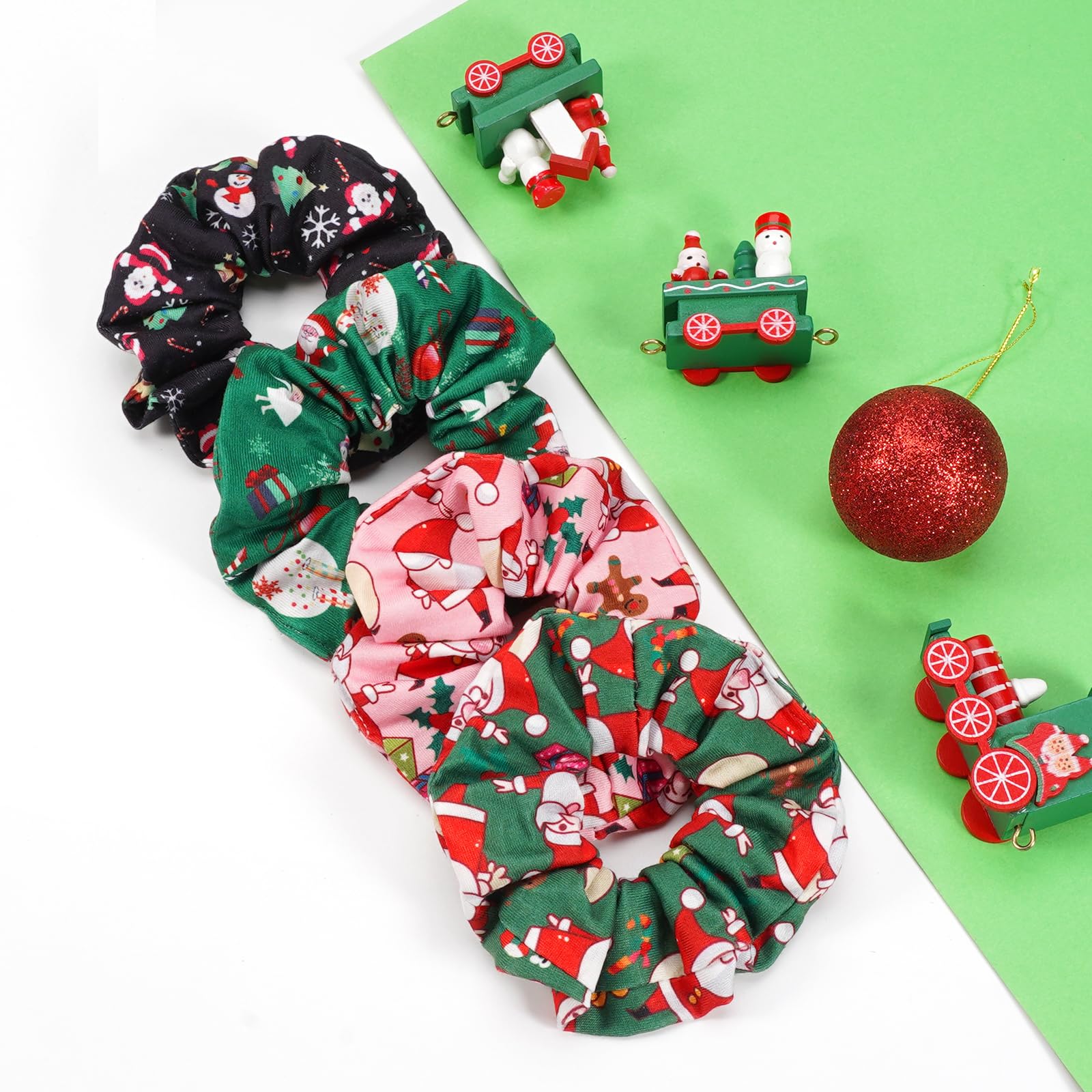 Christmas Hair Scrunchies for Women Cute Elastic Scrunchy Ponytail Holder Hair Ties Green Pink Santa Claus Snowman Bell Christma