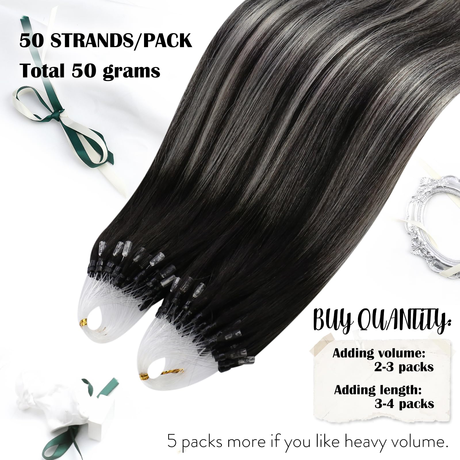 Moresoo Balayage Hair Extensions Micro Loop Human Hair Extensions Off Black Ombre Silver Micro Ring Hair Extensions Human Hair O