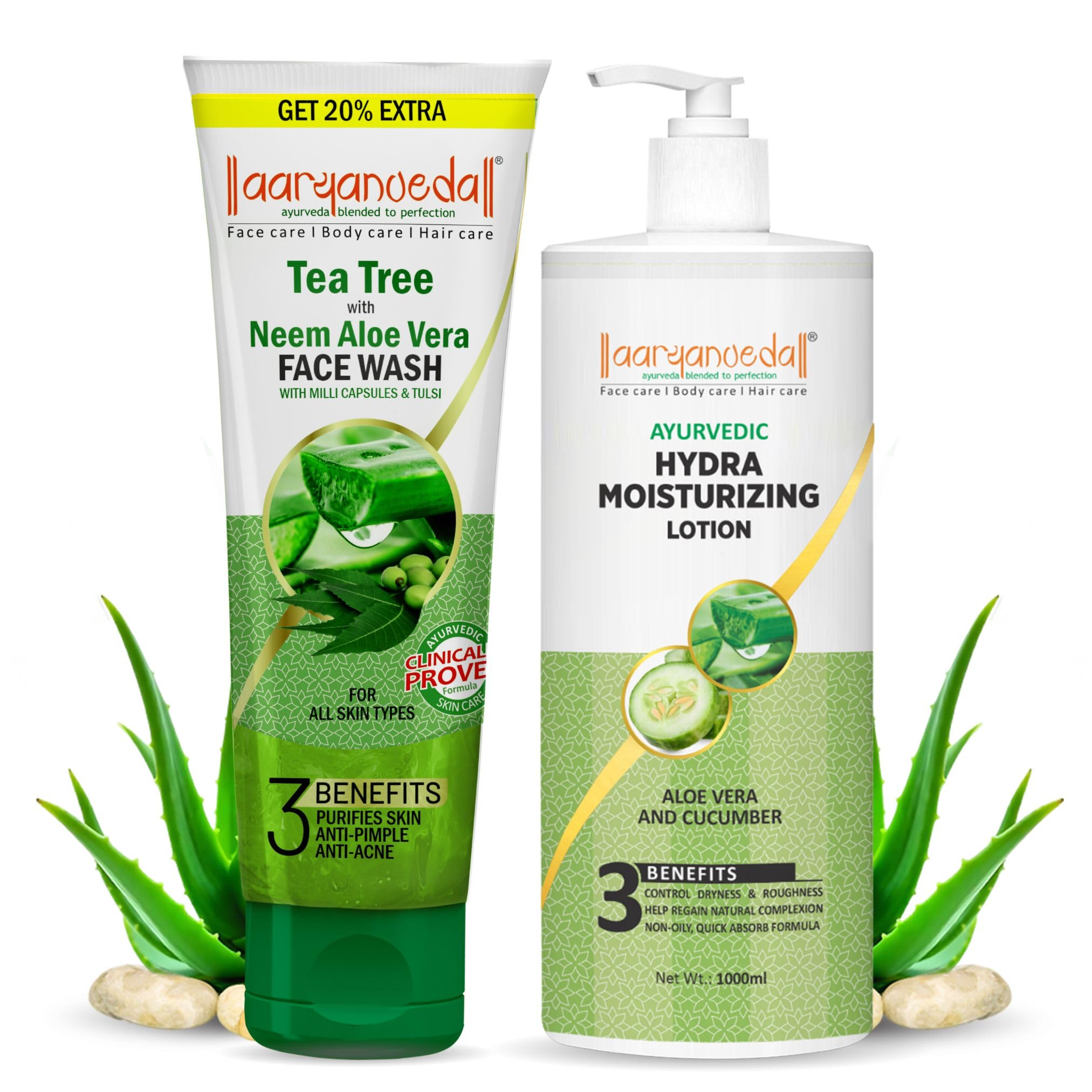 Aryanveda Tea Tree Face Wash With Neem & Aloe Vera Extracts, 120Ml And Aloevera & Cucumber Hydra Body Lotion, 1000 Ml
