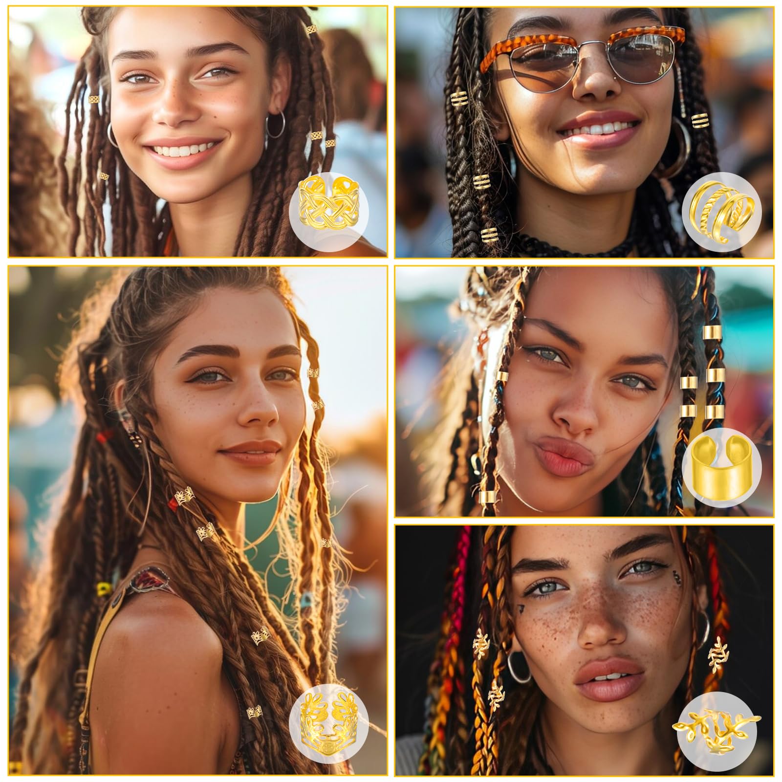 Tyqour 50pcs Gold Hair Jewelry, Loc Jewelry for Black Women, Hair Cuffs for Braids, Metal Hair Rings Charm Bead Clip for Braids