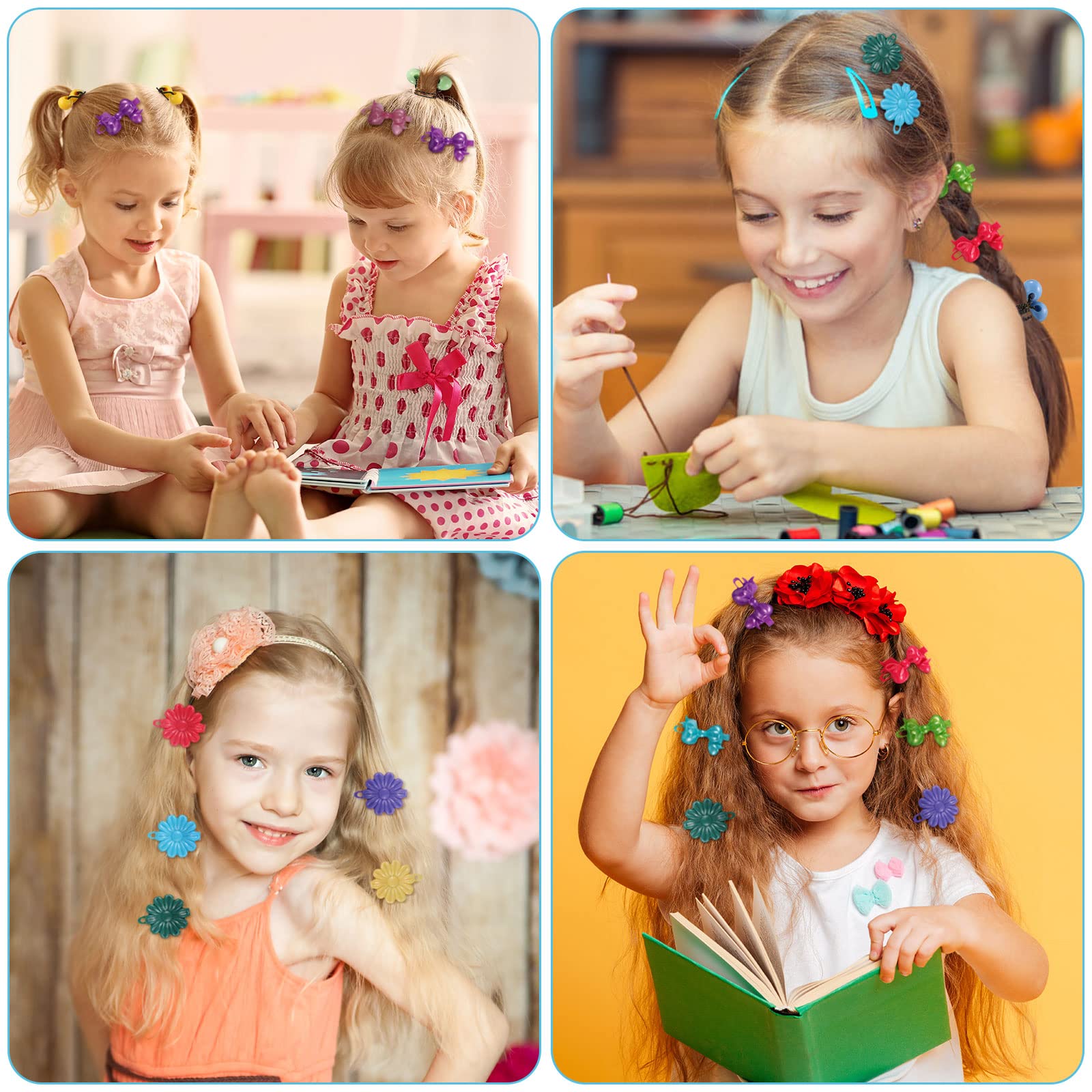 100 Pcs Hair Barrettes With Flower, Bow & Cartoon Designs - Self-Hinge Plastic Pins For Baby Girls, Toddlers (Cool)