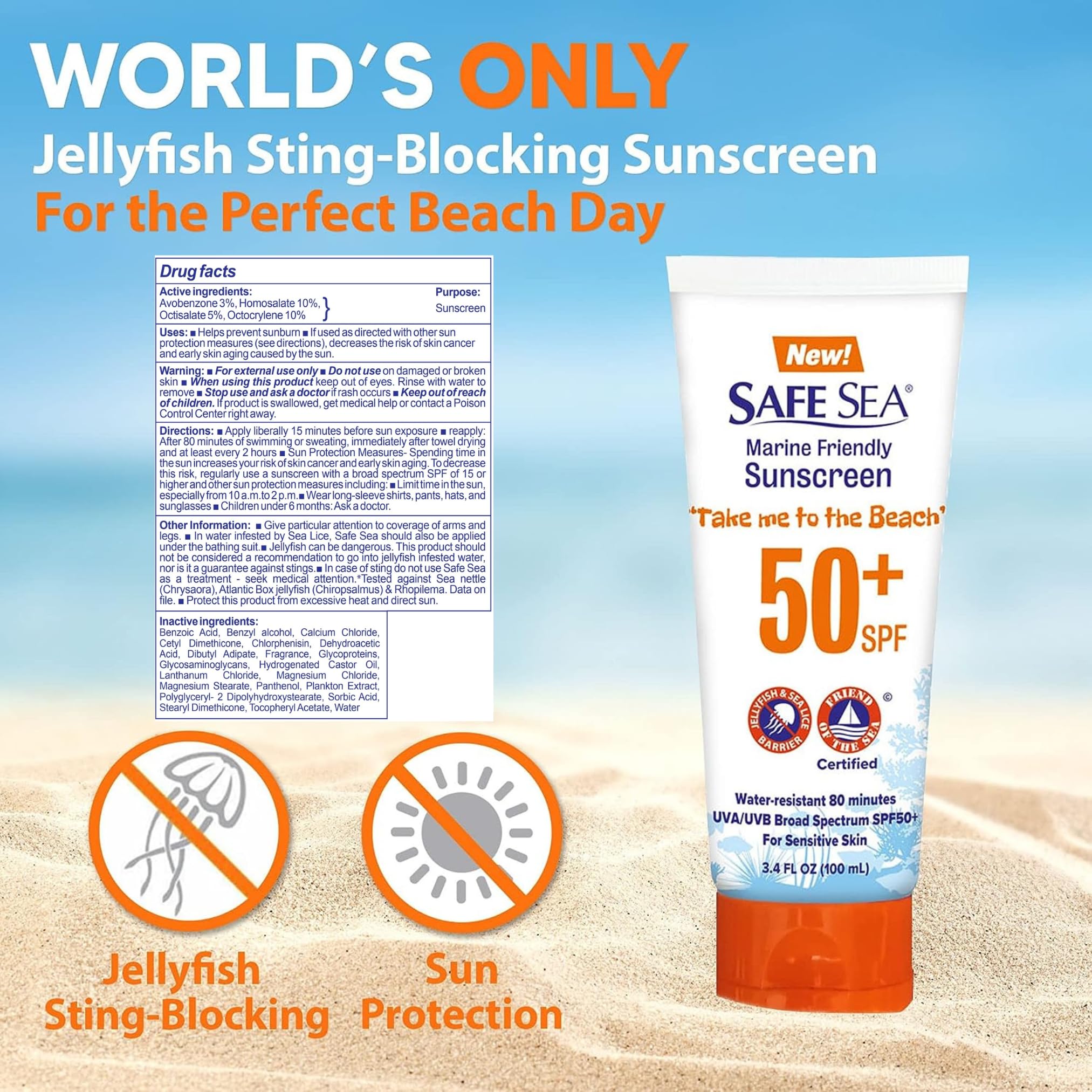 Safe Sea Jellyfish Sting-Blocking Sunscreen, Spf 50+ Travel Size Lotion, Waterproof, Biodegradable, Coral Reef-Safe, Body And Fa