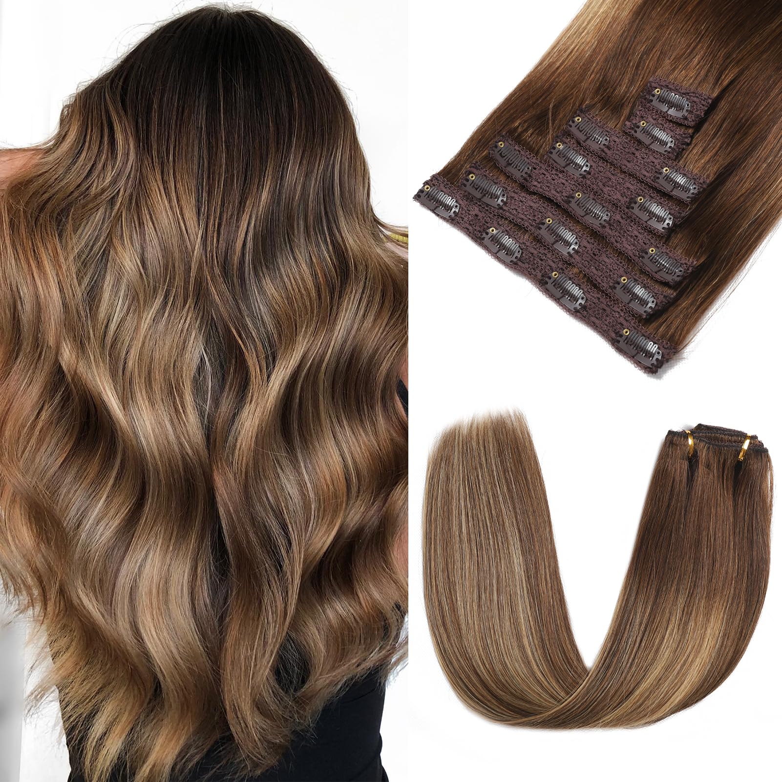 Rimoss Clip in Hair Extensions Real Human Hair, Premium 20 Inch 7pcs Ombre Chocolate Brown to Caramel Blonde Balayage Remy Human