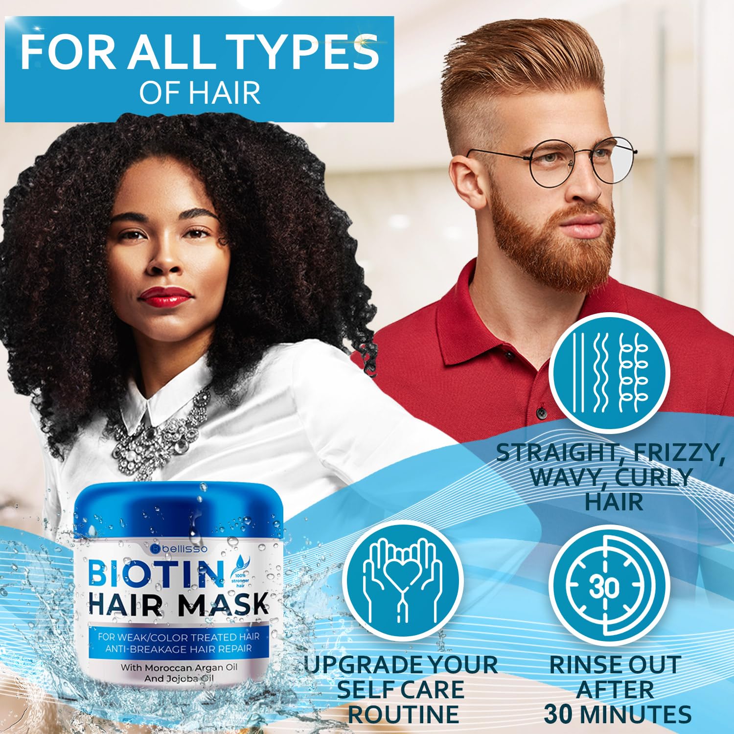 BELLISSO Biotin Hair Mask - 8.45 Fl Oz, Deep Conditioner for Dry Hair, Hydrating Repair Treatment, Sulfate & Paraben Free