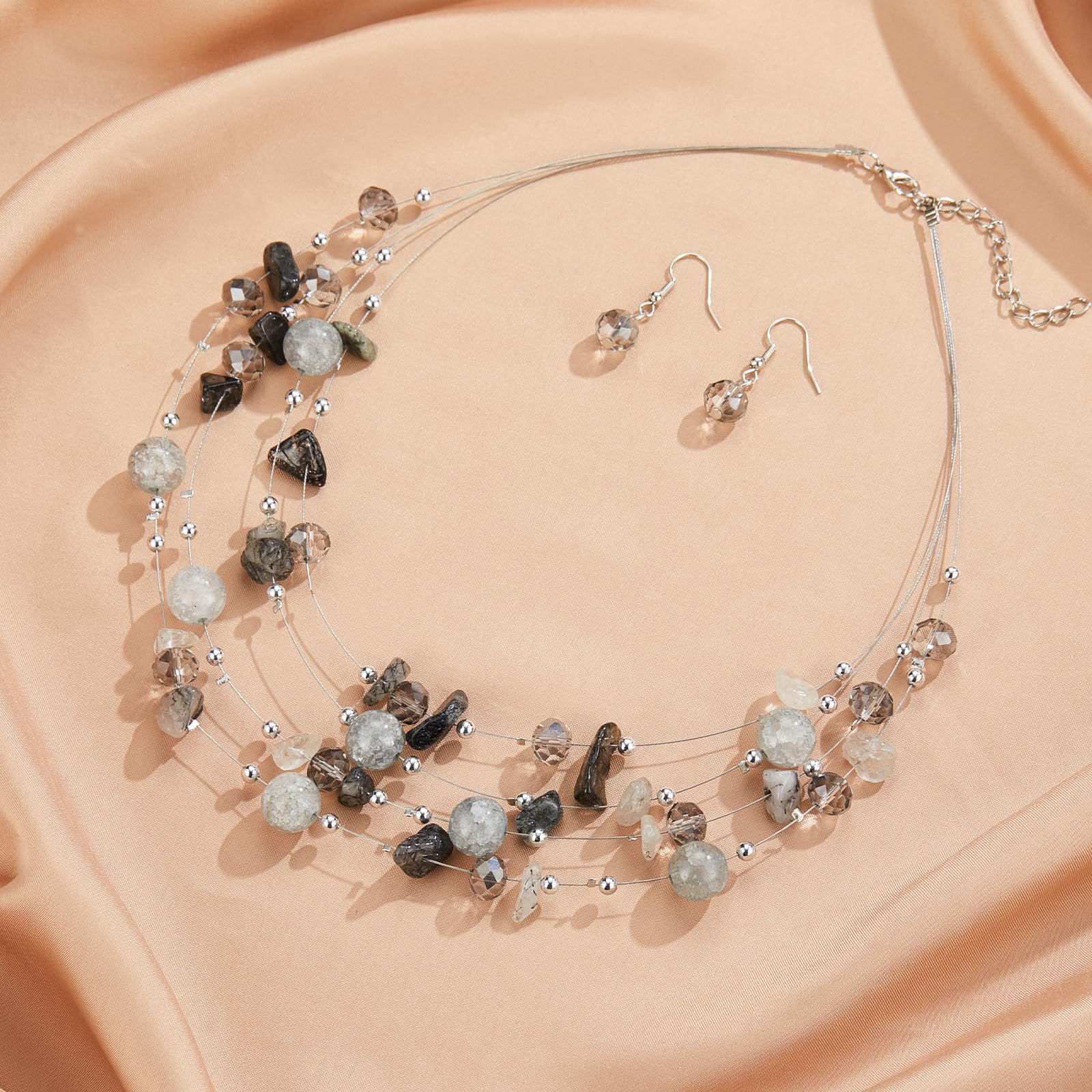 Layered Chunky Statement Necklace for Women Colorful Boho Beaded Necklaces and Earring Set Fashion Costume Jewelry for Women(54-