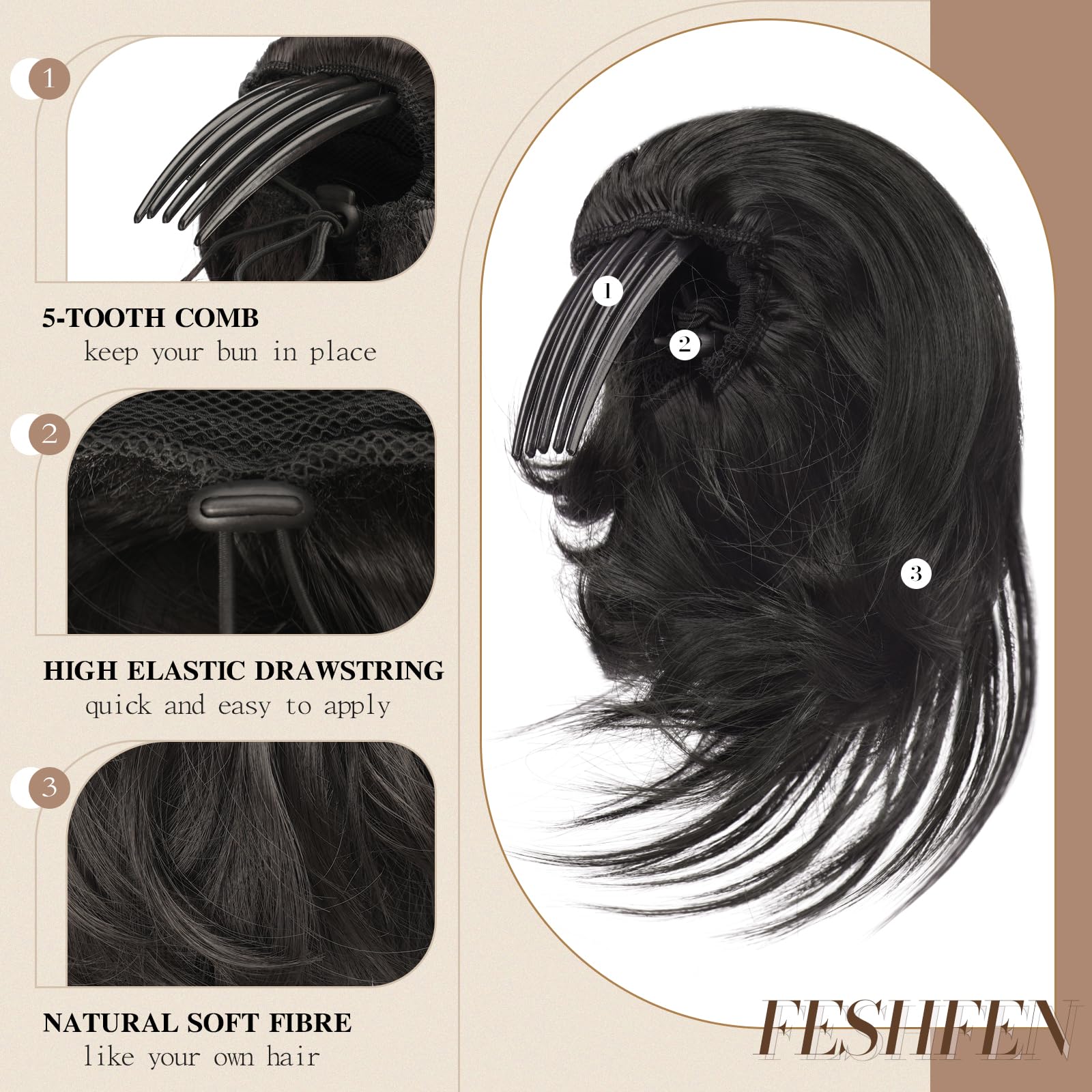 Feshfen Hair Buns Hair Piece With Comb, Messy Buns Hairpieces For Women Drawstring Fully Updo Synthetic Hair Short Ponytail Exte
