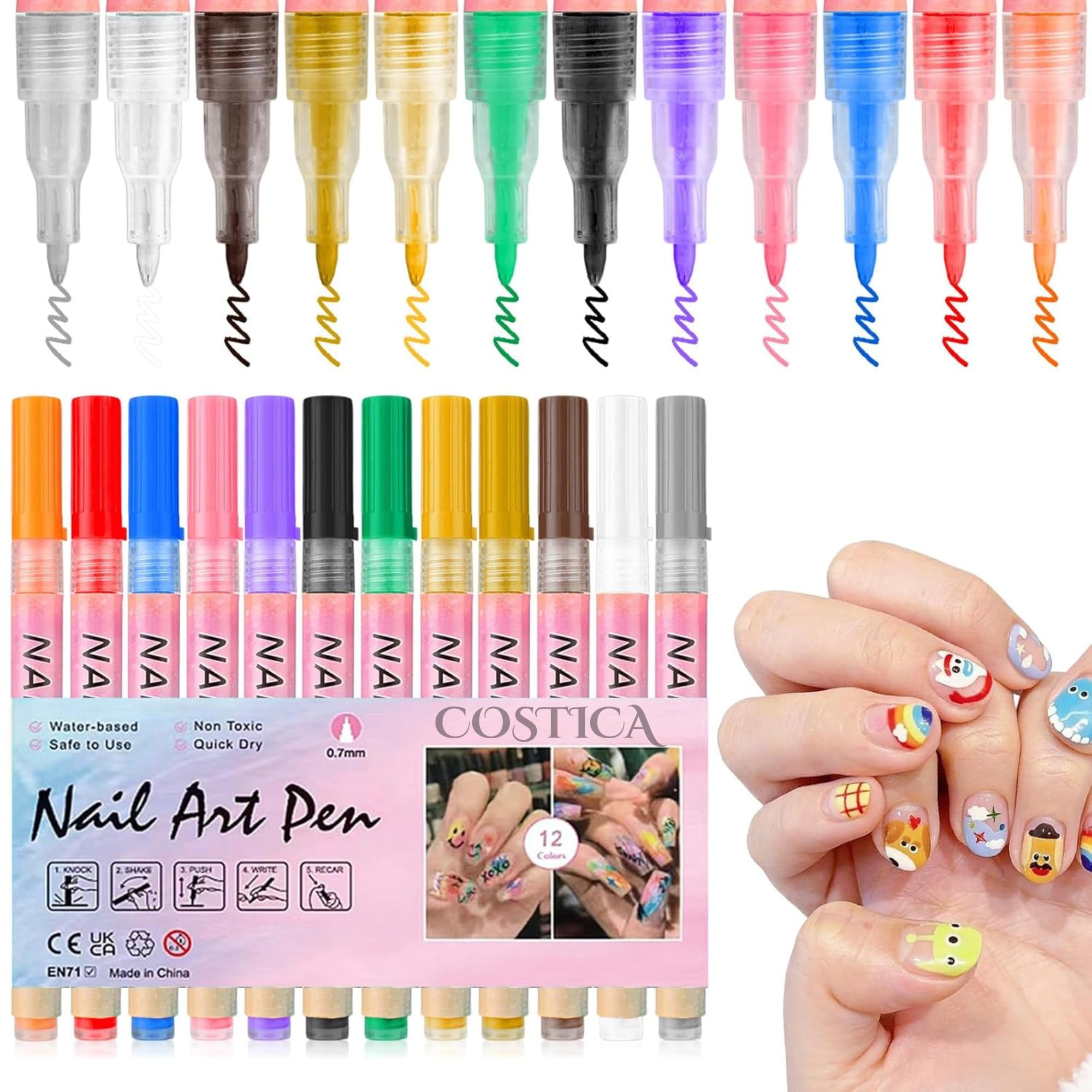 Costica 12 Colors Nail Art Pens Set, 3D Nail Polish Pens, Multicolor, Gel, Quick Dry Long Lasting, Glossy Finish, 12 Count