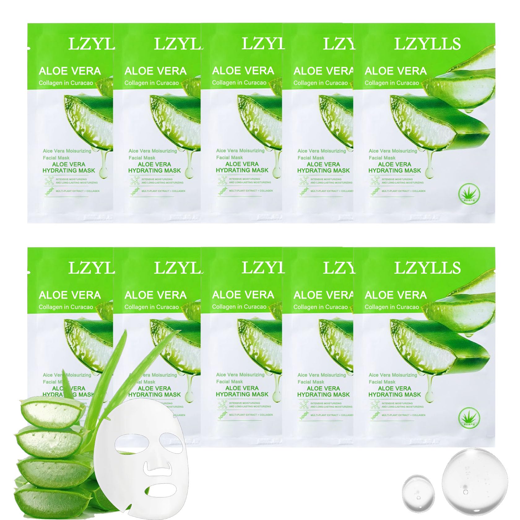 Lzylls 10Pcs Aloe Vera Face Masks Skin Care Set,Hydrating Long Lasting Soft Aloe Facial Sheet Masks,Moisturizing Face Mask Skin