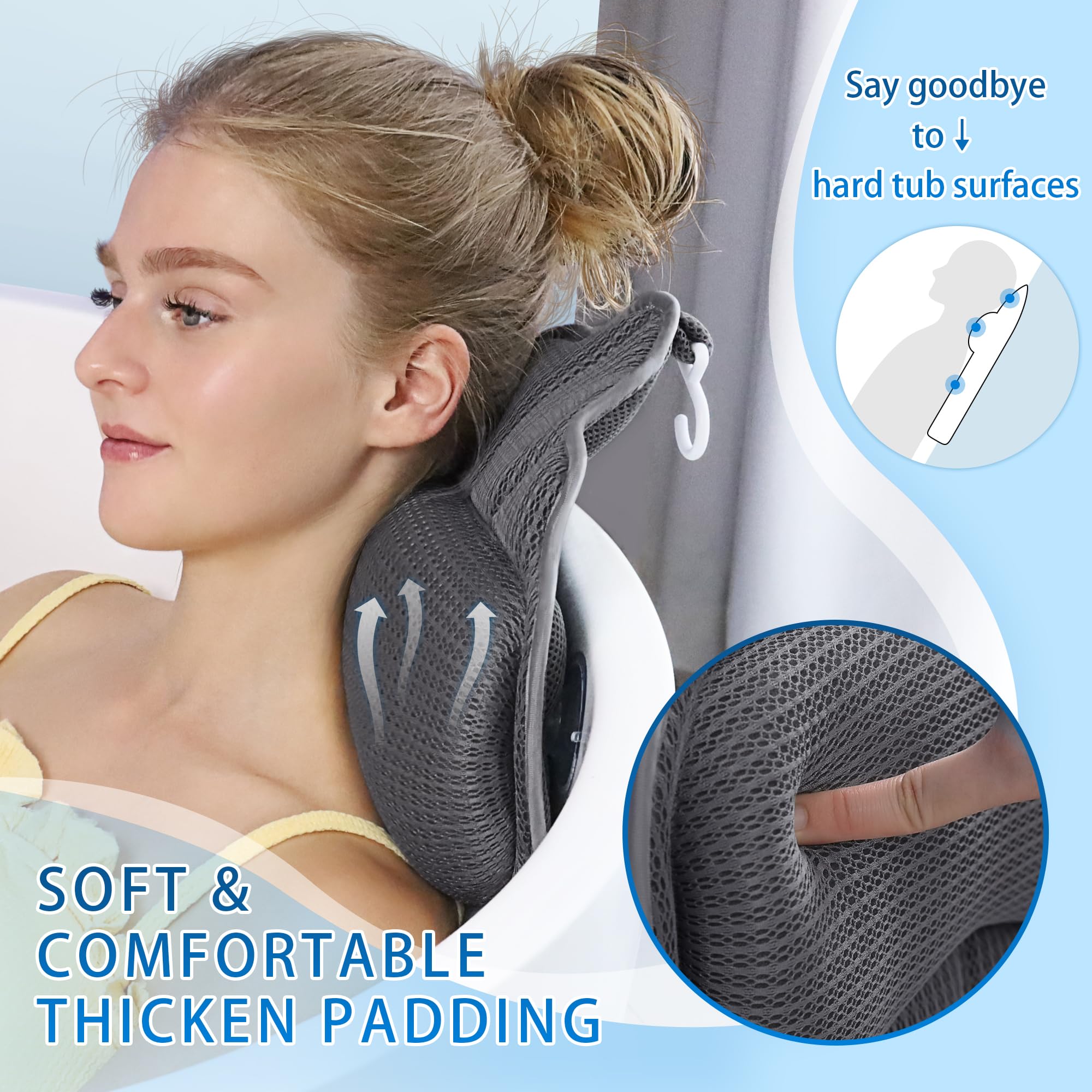 Poemland Bath Pillows For Tub, Luxury Bath Pillow Soft 4D Mesh, Bathtub Pillow With 6 Suction Cups, Ergonomic Bath Tub Pillows F