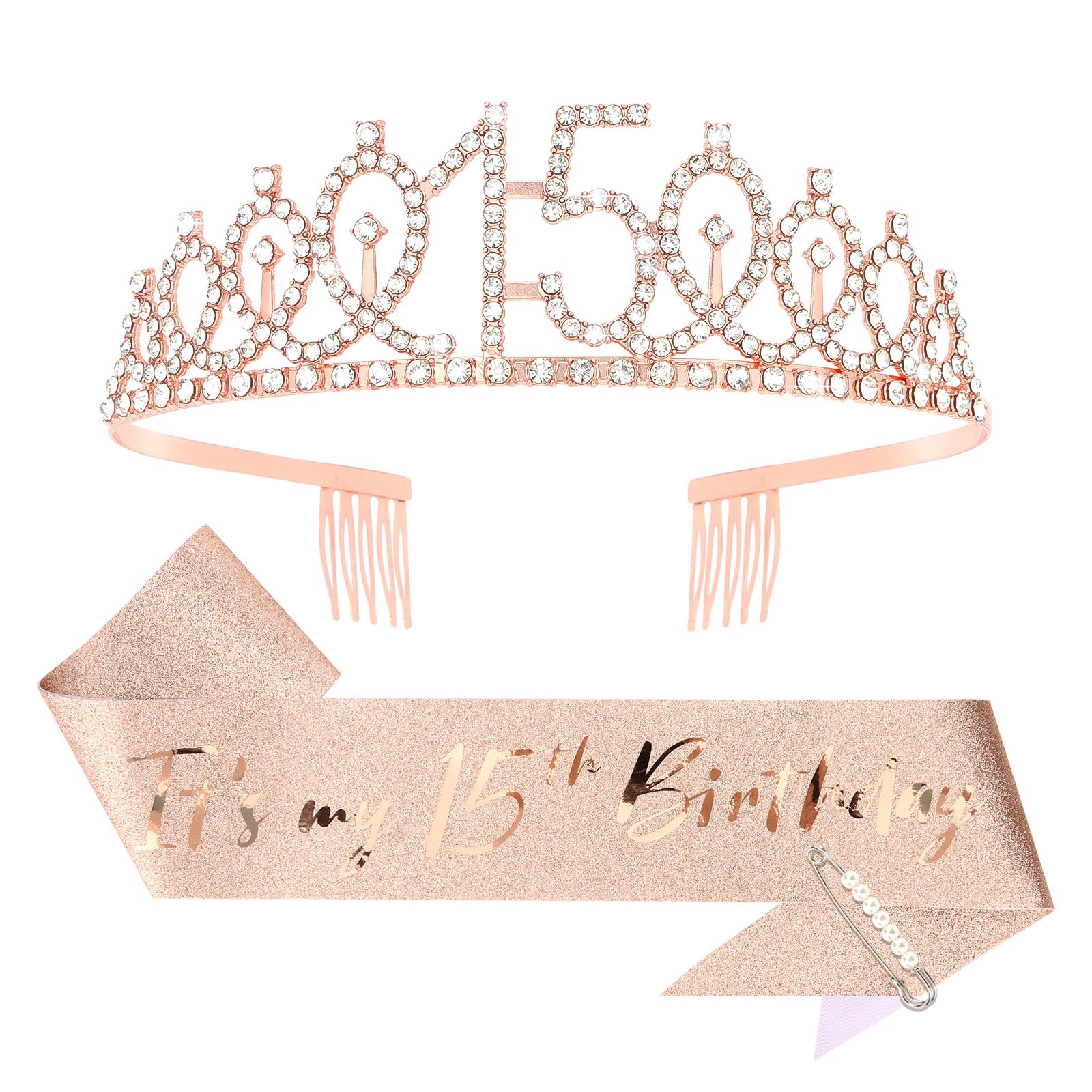 CIEHER 15th Birthday Crown + 15th Birthday Sash + Pearl Pin Set, 15th Birthday Gifts for Girls It's My 15th Birthday Decorations