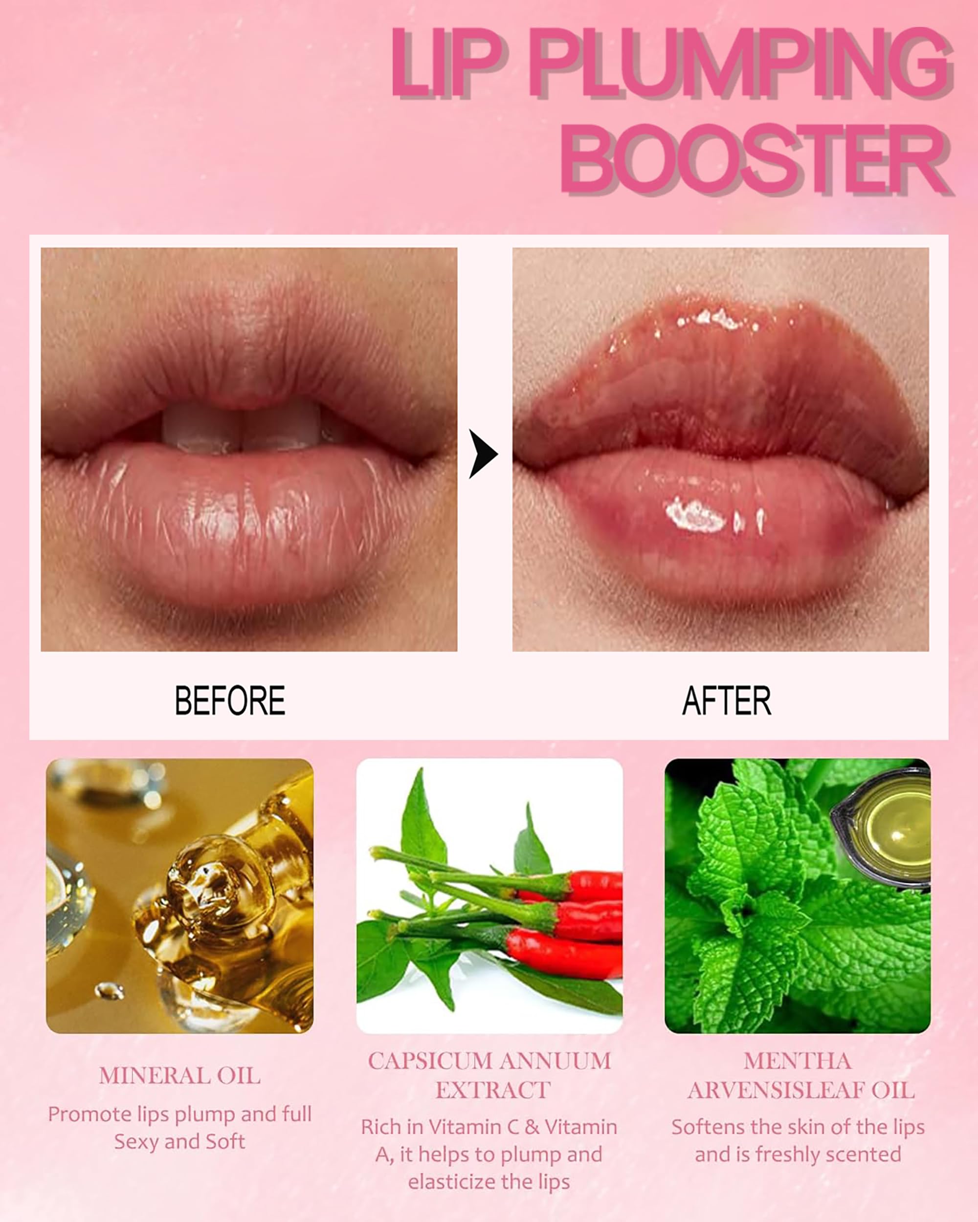 Easilydays 3 Colors Lip Plumping Booster, Spicy Lip Plumper Gloss Lip Oil, Ultra-Hydrating & Nourishing Glossy Finish Fuller Nat