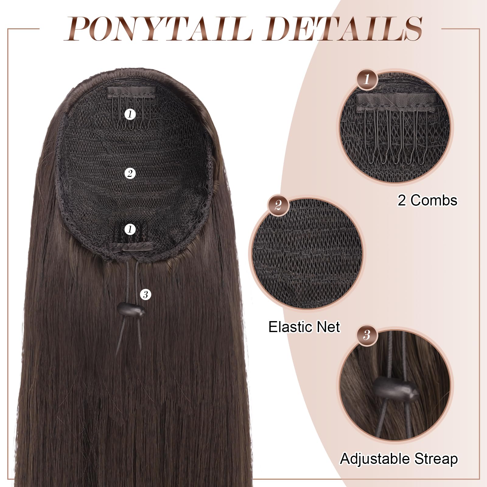 FESHFEN Drawstring Ponytail Extensions Long Straight Clip in Pony Tails Synthetic Hair Pieces Ponytails Hairpieces for Women, Br