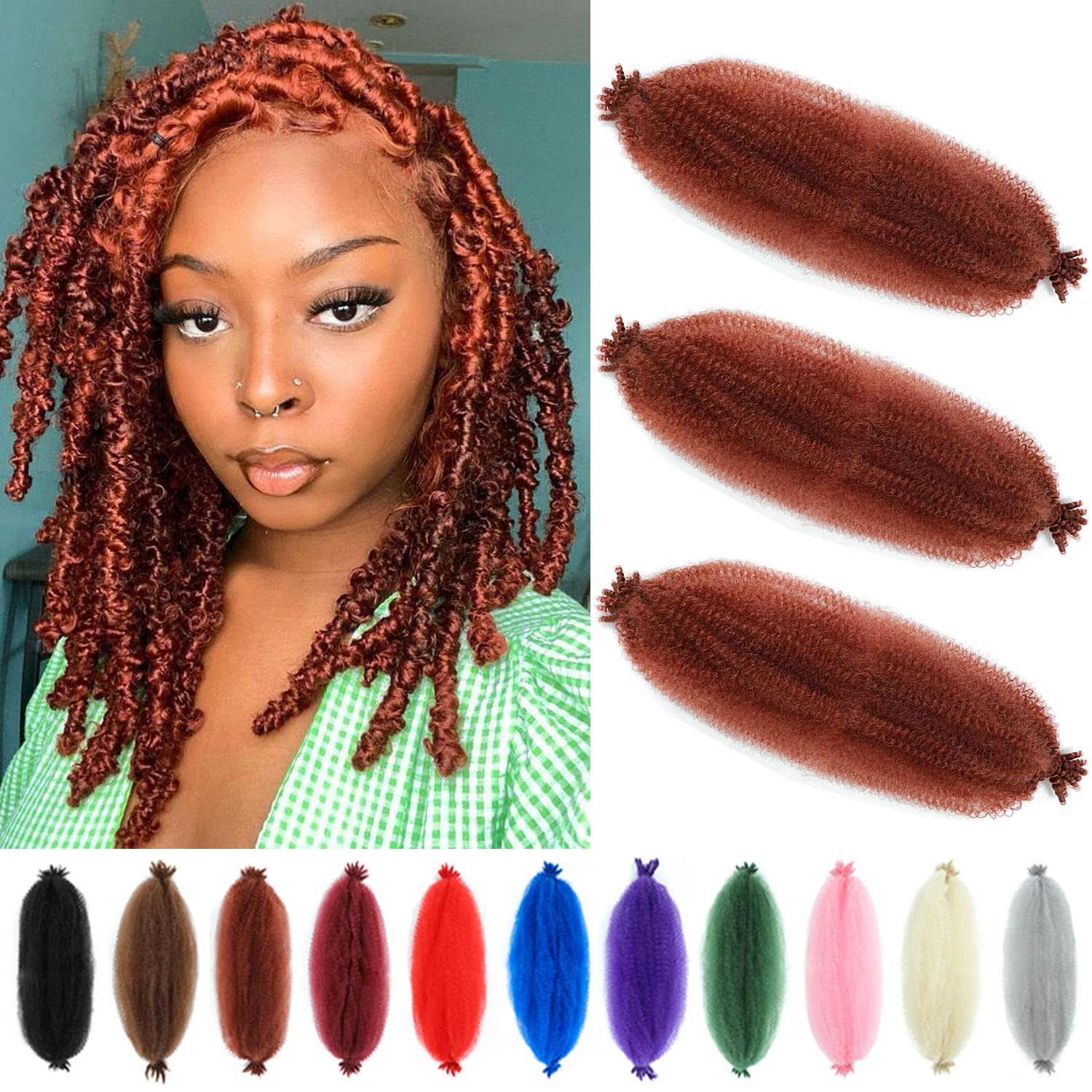 Springy Afro Twist Hair 12 Inch 3 Packs Copper Red Color Pre Fluffed Marley Twist Braiding Hair for Black Women (12 inch, 350)