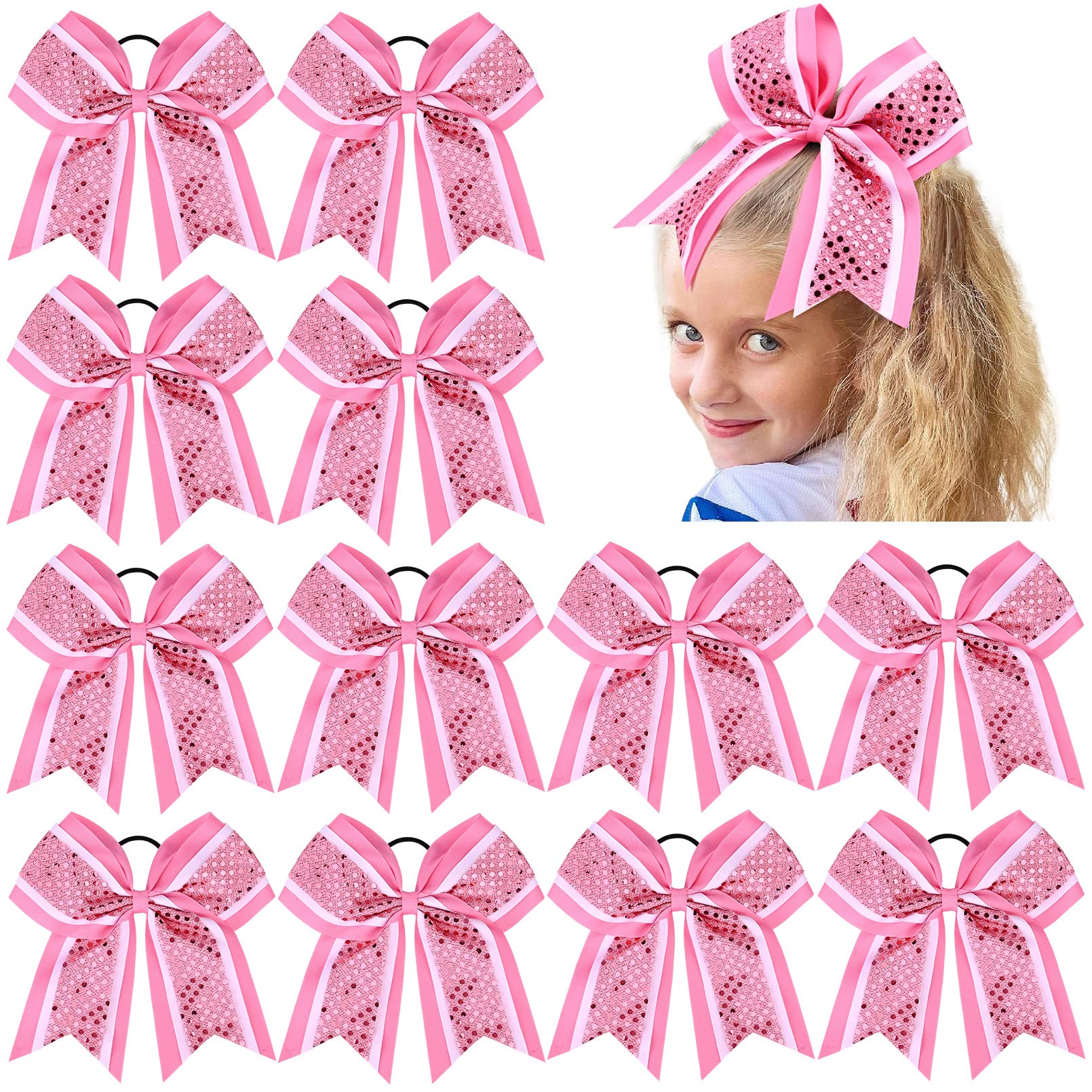 12 PCS 8 Large Glitter Cheer Bows Pink Girl Hair Bows Sparkly Cheerleading Softball Team Bow Hair Accessories for cheerleaders f