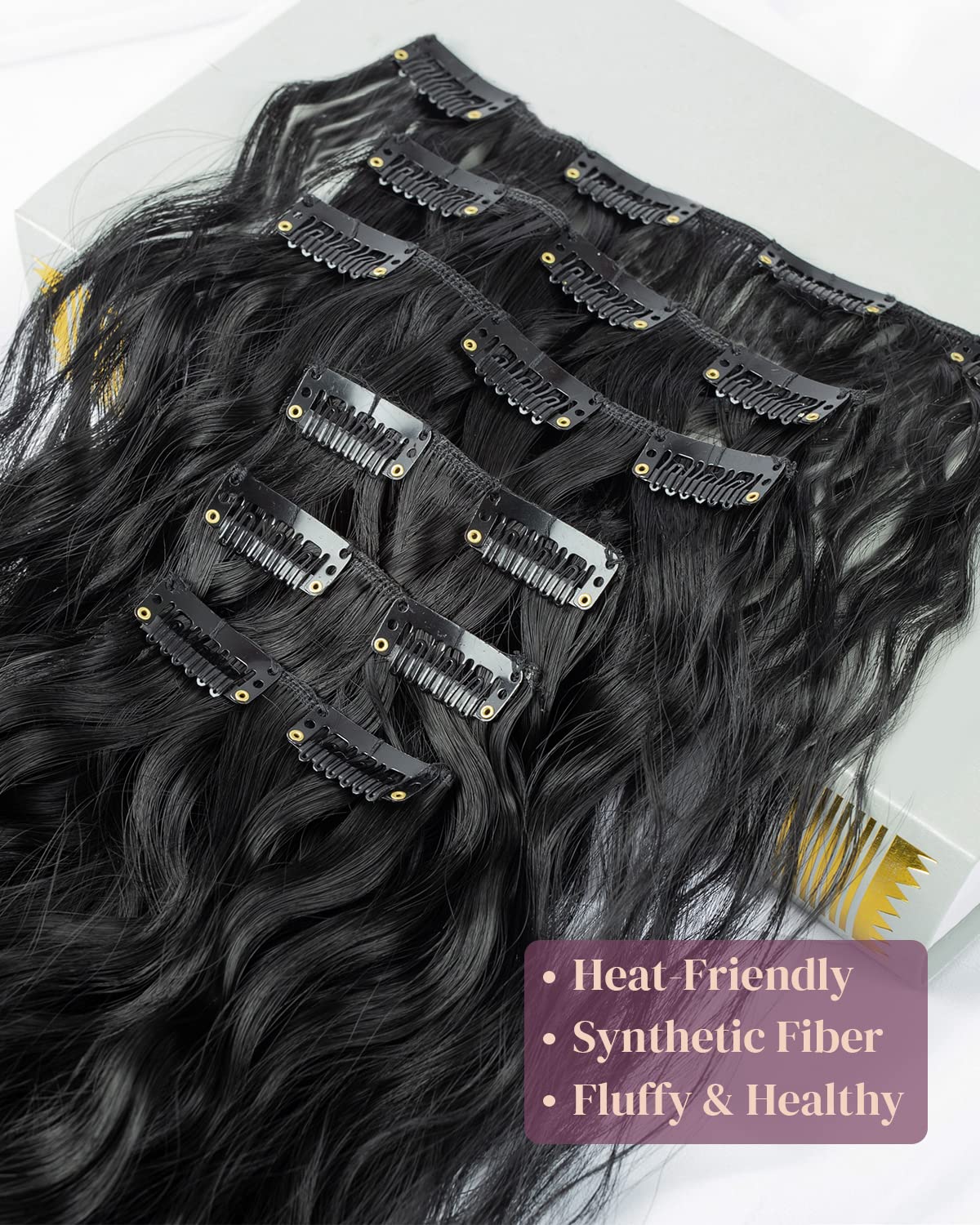 Lonai Clip In Hair Extensions, 6Pcs 24'' Black Hair Extensions Long Mermaid Waves Wavy Synthetic Clip On Hairpiece For Women(Bla