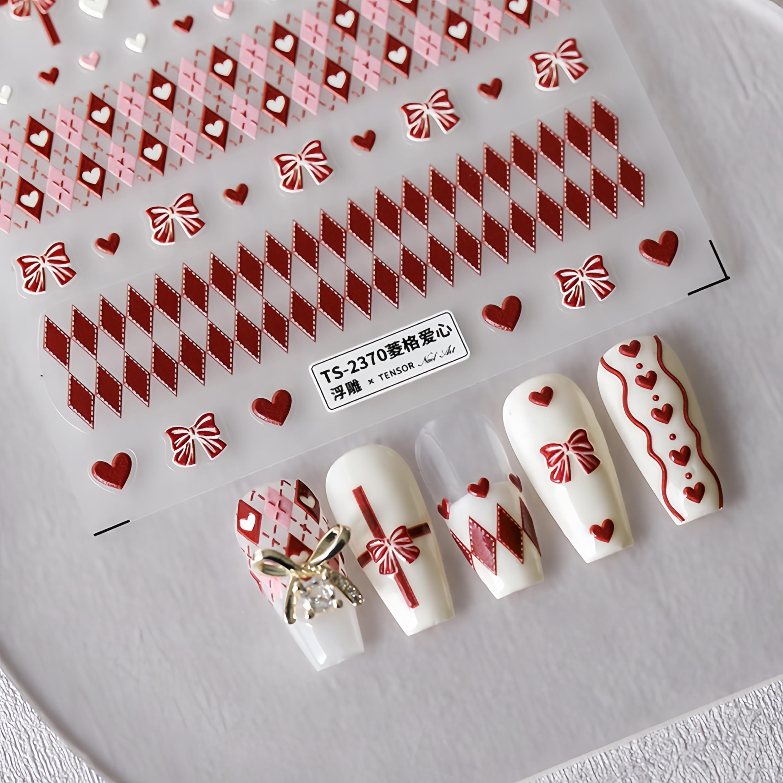 Love Heart Nail Stickers Decals Red White Heart Nail Stickers for Nail Art 5D Self Adhesive Valentine's Day Bow Nail Decals Bow 