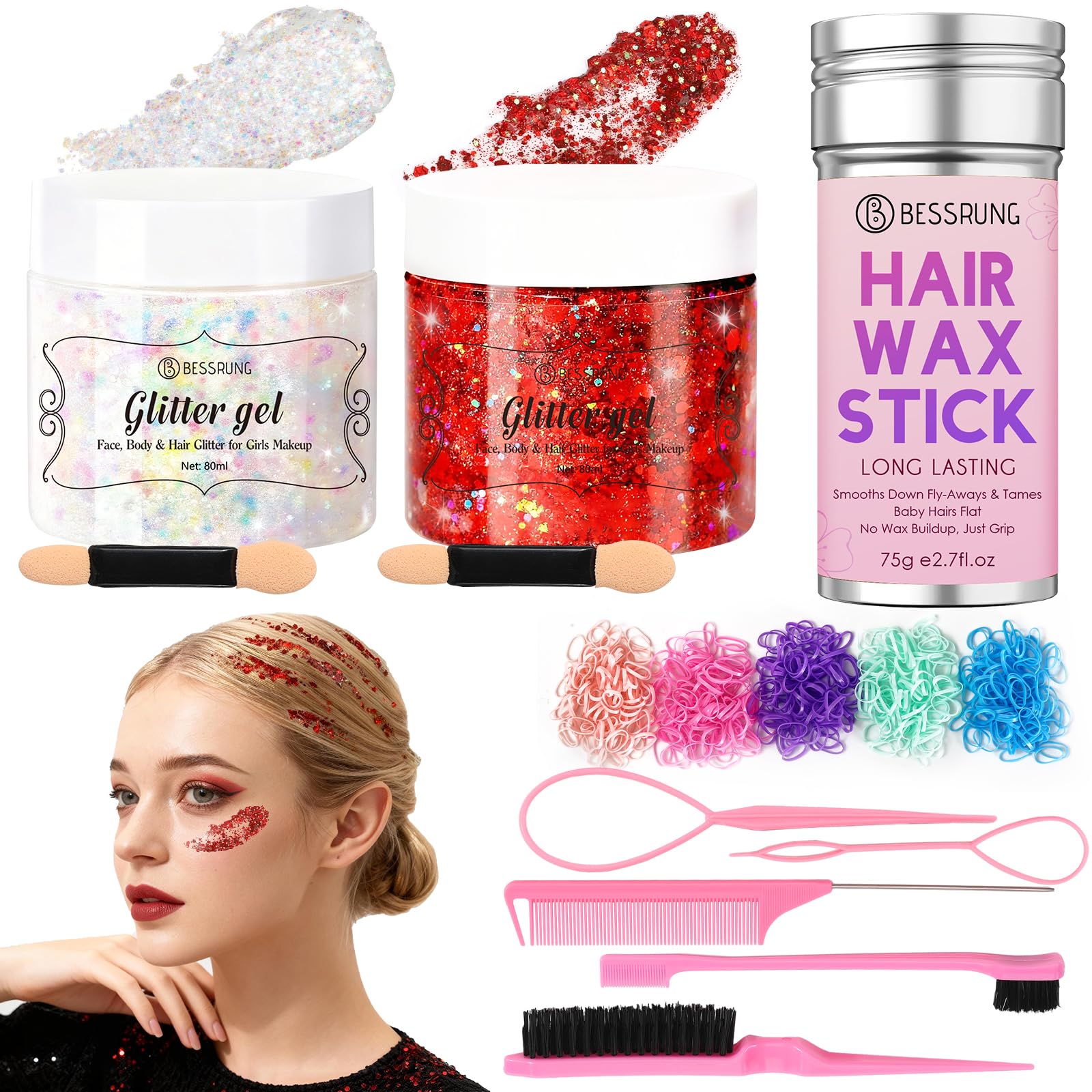 Hair Accessories Kit with Hair Glitter for Women Girls, Silver Red Body Face Glitter Gel for Makeup, Hair Wax Stick, 500 Pcs Tod