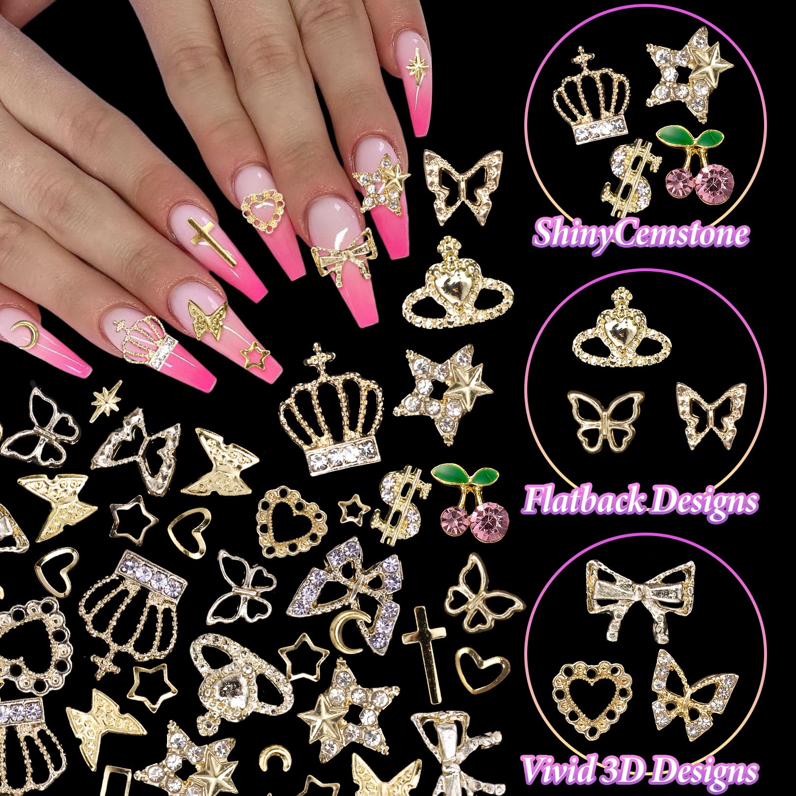 520 Pcs Gold Nail Charms, 20 Pcs Cherry Star Bow Crown Butterfly Gold Alloy Nail Charms, Mixed Cross Moon Star Rivet Gold Nail A