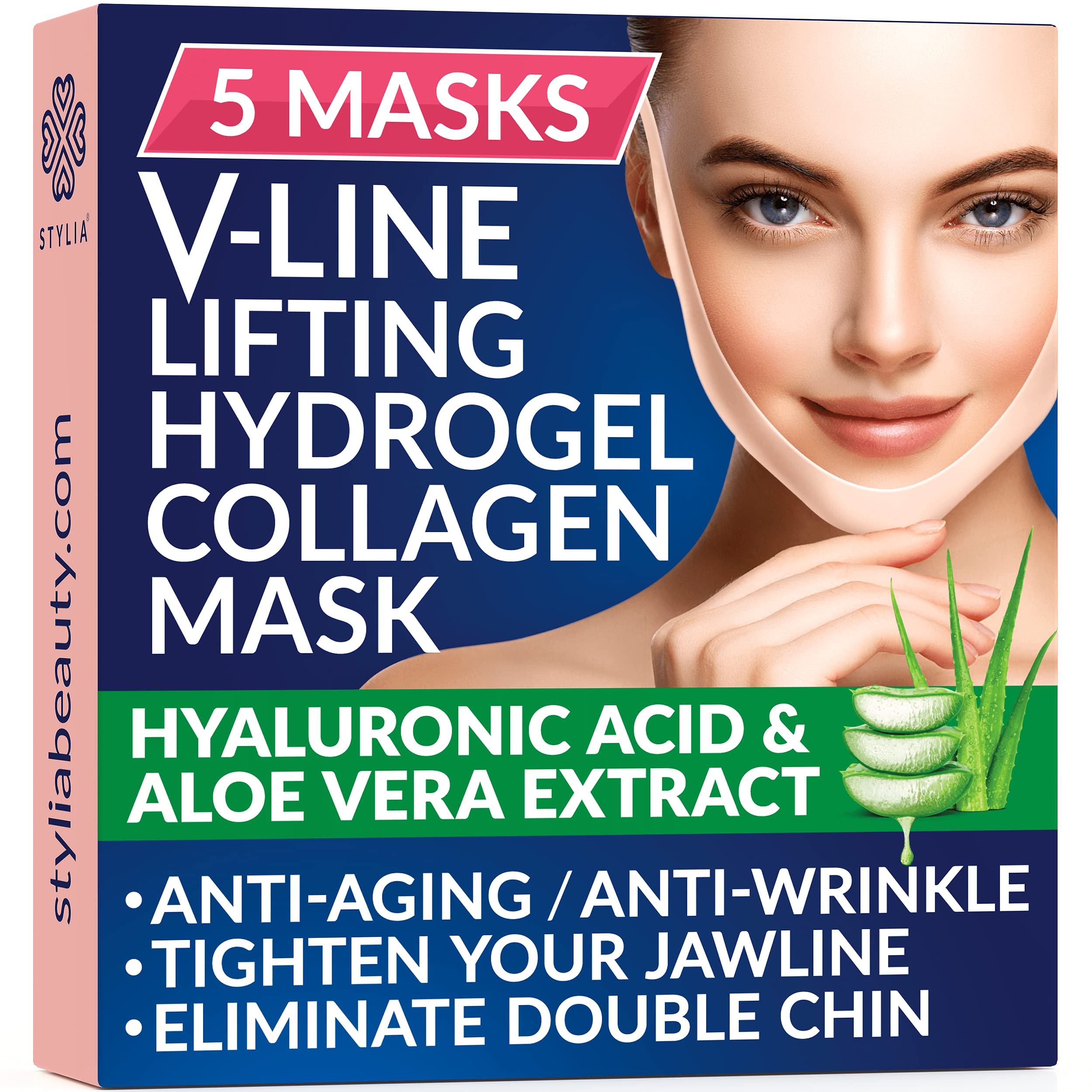 5 Piece Double Chin Reducer - V Line Shaping Face Masks - Lifting Hydrogel Collagen Mask with Aloe Vera - Anti-Aging and Anti-Wr