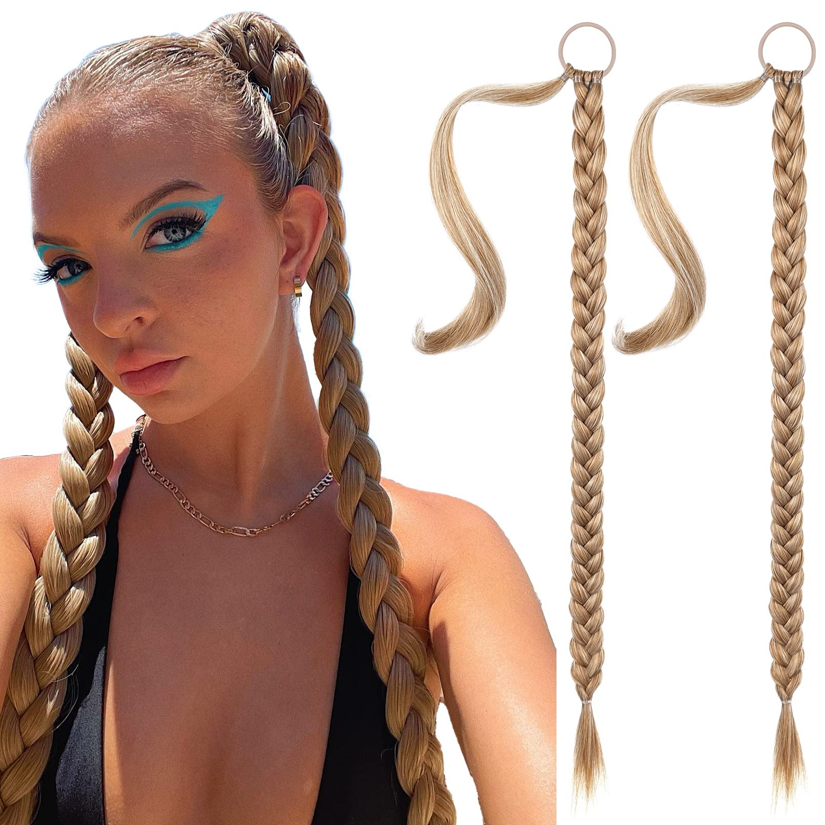 SEIKEA 2PCS Long Braid Ponytail Extension with Hair Tie Long Straight Wrap Around Hair Extensions Ponytail Natural Soft Syntheti