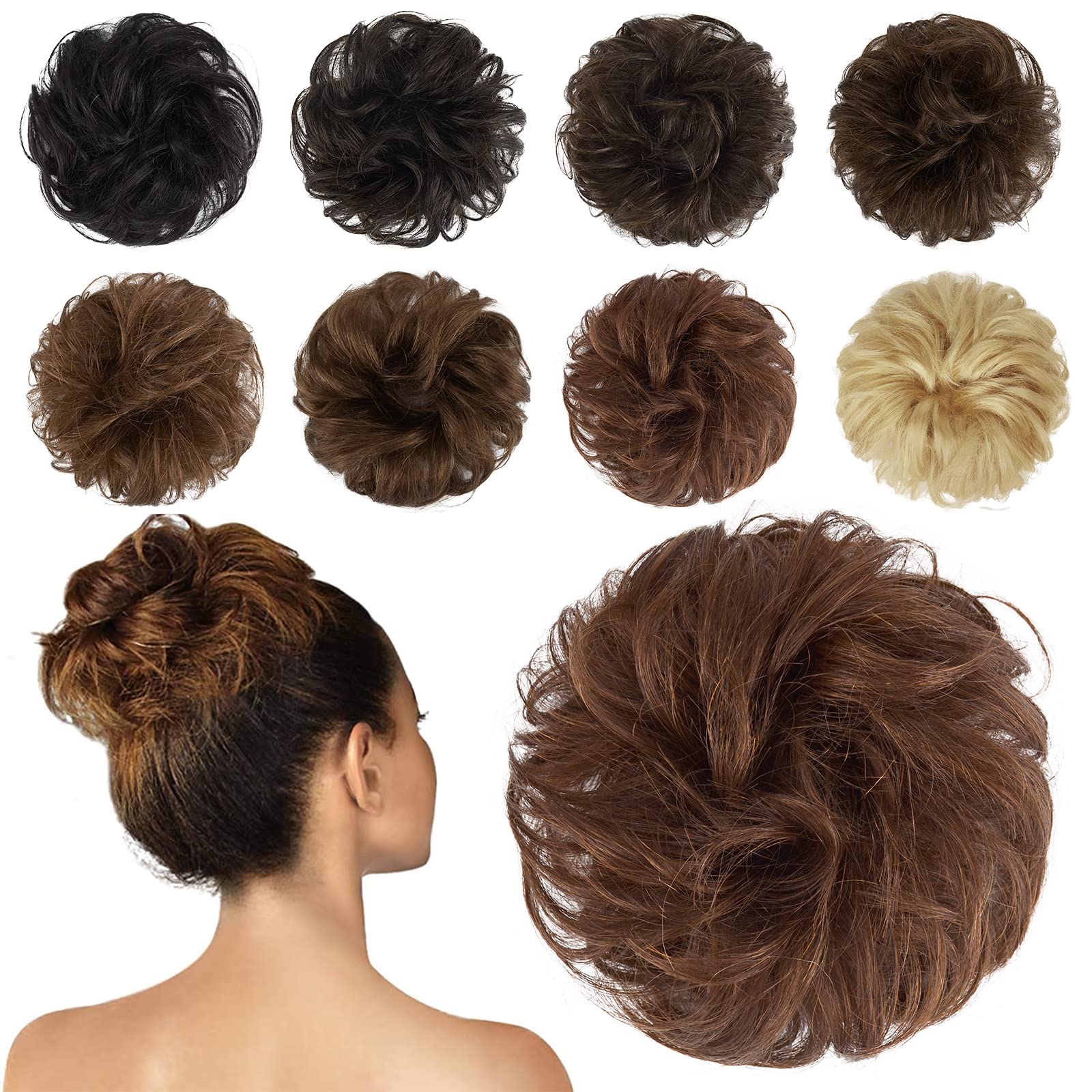 FESHFEN Women's Medium Auburn Wavy Curly Human Hair Messy Bun Hairpiece, 100% Real Hair, Easy to Use, Suitable for All Occasions